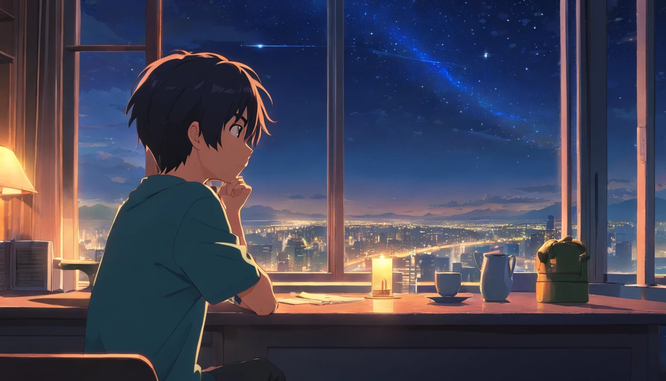 a boy crying in night in table no light window side night star