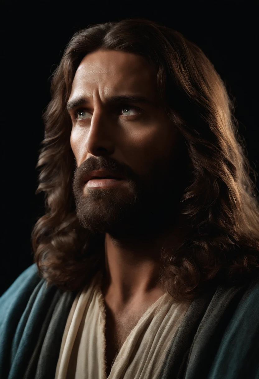 an image of a frightened jesus christ, astonished countenance, hyper realistic, 8k, cinematic, super detailed, black background, stunning, breathtaking beauty, pure perfection, divine presence, unforgettable, volumetric light, auras.
