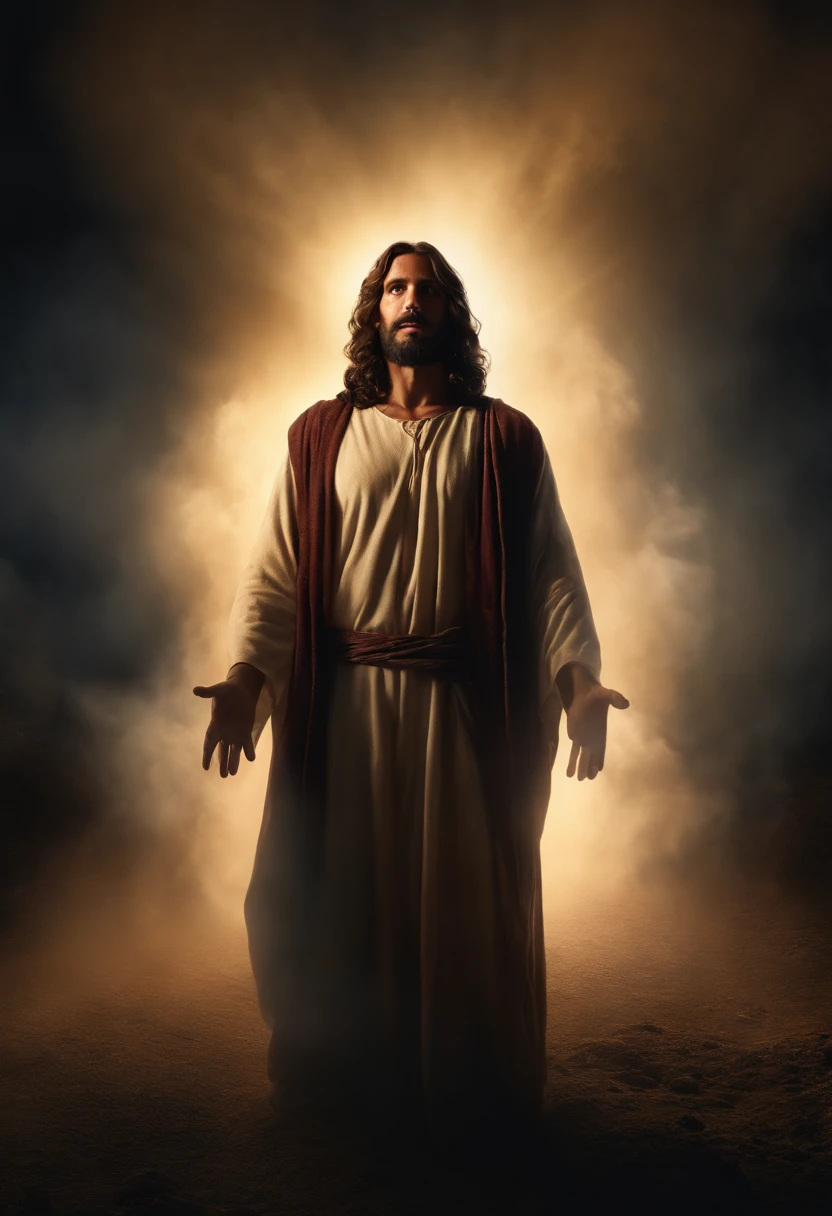 an image of a frightened jesus christ, astonished countenance, hyper realistic, 8k, cinematic, super detailed, black background, stunning, breathtaking beauty, pure perfection, divine presence, unforgettable, volumetric light, auras.