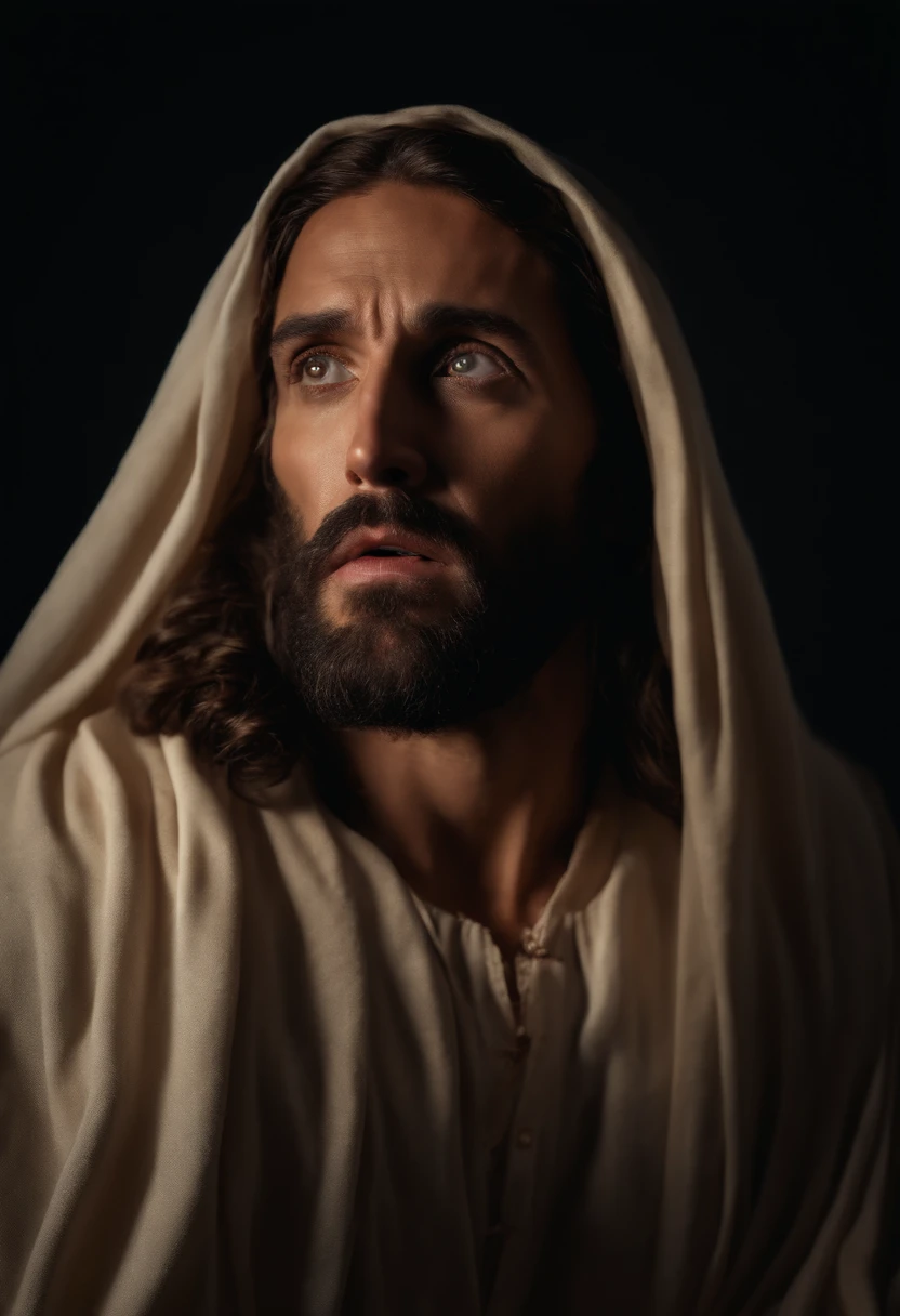 an image of a frightened jesus christ, astonished countenance, hyper realistic, 8k, cinematic, super detailed, black background, stunning, breathtaking beauty, pure perfection, divine presence, unforgettable, volumetric light, auras.