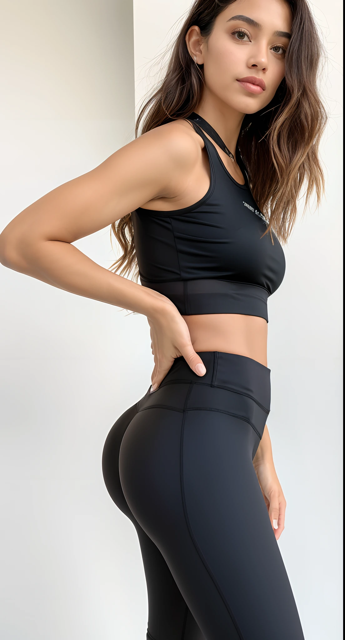 A woman in black leggings and a black bra top, usando uma regata cropped preta, usando uma regata preta cropped, she is wearing a black tank top, tanque preto apertado, regata preta apertada e shorts, usando roupas pretas apertadas, roupa apertada, close up tiro do lado, voltar - ver, sport bra and shirt, sport bra and shorts