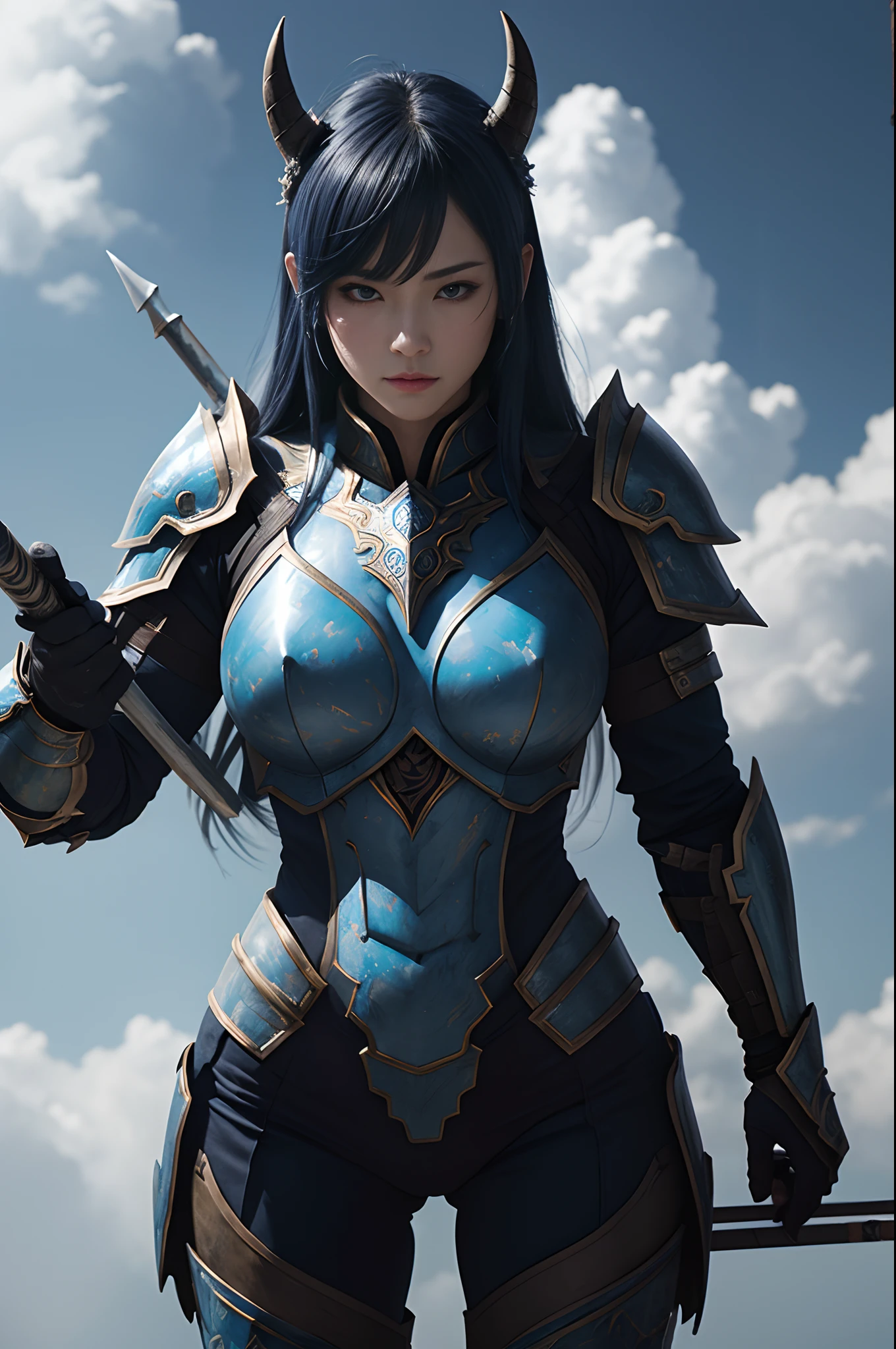 (Female Ghost Tender)、Demon Mask、Super Beauty、Blue Armor Solo Adult Devil Woman、Like the whole body、Big chest muscles and macho figure,Split abs,(Armed with a long and large spear)、Ghost of a mature big woman。Sturdy jaw(realisitic)、Stand facing the front、Blue Demon Armor、magnificent artwork、((Kyoto panel painting style))、Wind-effect:1.9、Cloud Effects:1.2、Full Rendering、Encaustic Painting、unrealengine、Fine armor patterns and decorations,A hyper-realistic,Armor details,超A high resolution,enticing,Entice your audience,blue skin,