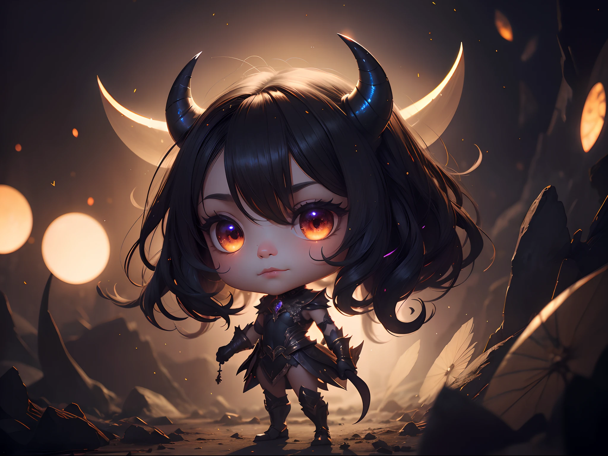 (Absurdres:1.2), exquisitely detailed illustration of a devil chibi, ethereal, dark glimmer, Shimmer, approaching perfection, ultra-high quality, bokeh, shadows, dynamic angle, Luminous Studio graphics engine, volumetric lighting, 8k resolution