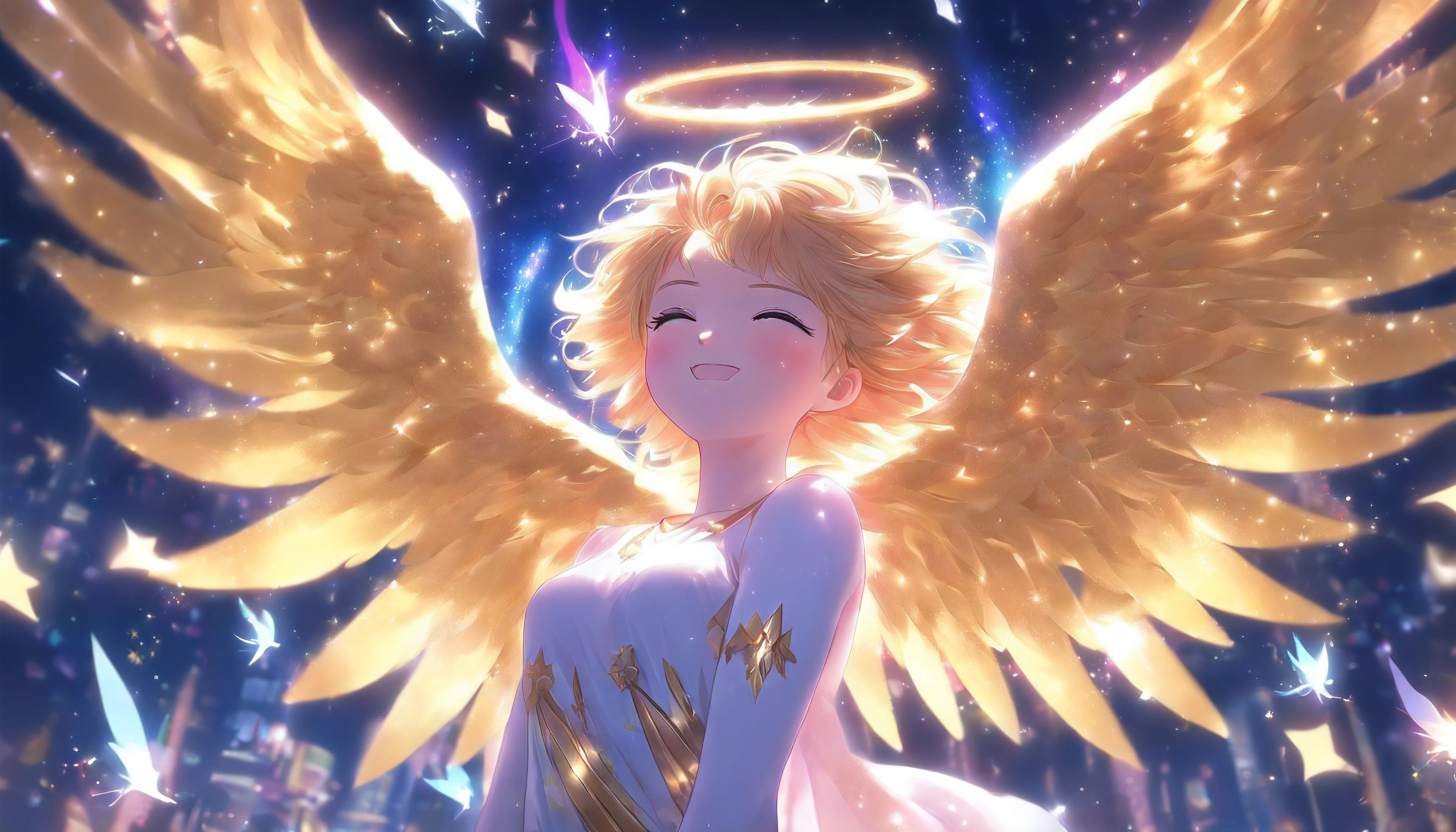 (delicate composition、masutepiece、ultra-definition、Dense、top-quality、hight resolution)、Full body depiction、小柄、Short stature、long、Young children、a beauty girl、Very cute、Gentle smile、Glittering golden hair、Shining Angel Wings、Glowing overhead halo、luminous body、NSFW