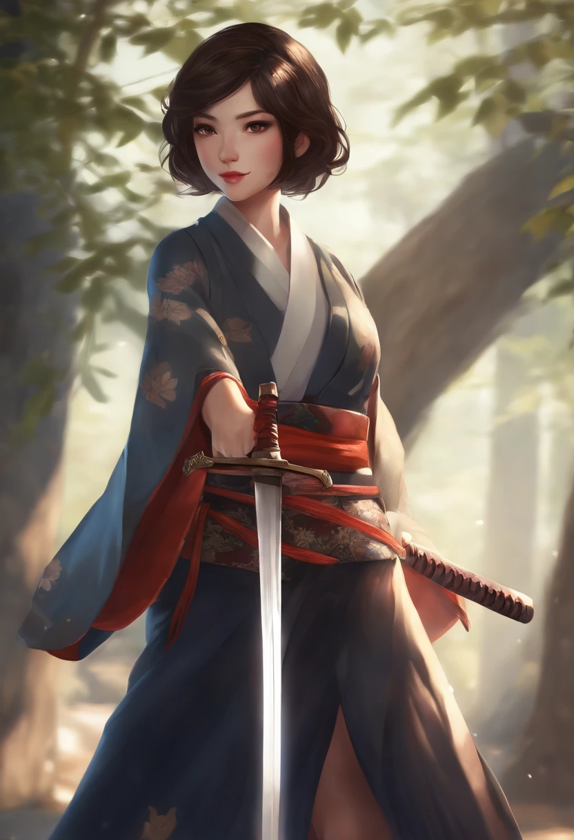 1girl, sozinho, Roupas japonesas, short hair, arma, espada, olhos castanhos, Olhando para o Viewer, quimono, brown hair, lips, hand on hip, bainha, sorrir, Katana, cabelos pretos, parte superior do corpo, boca fechada, Embainhados, Hand up