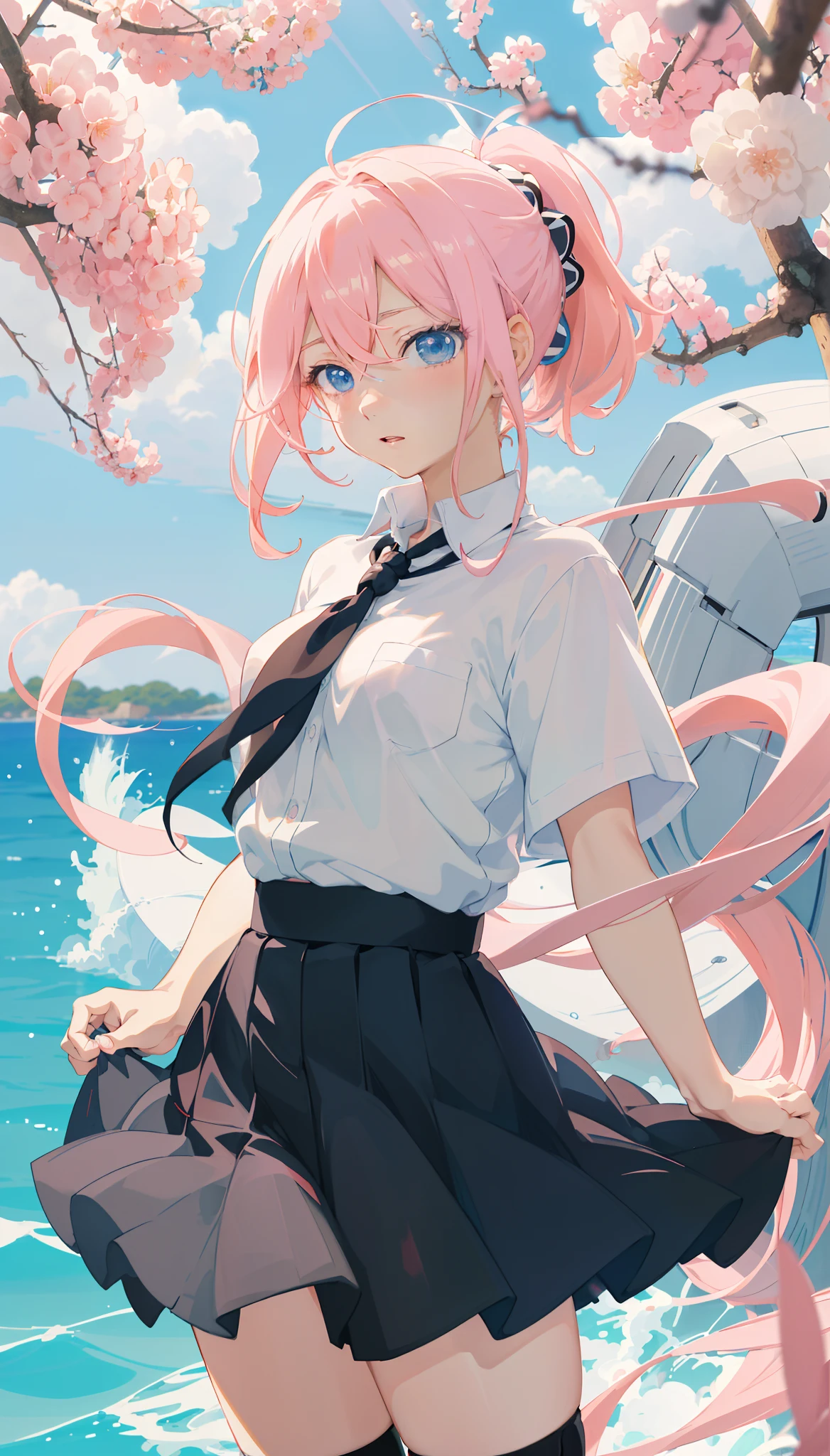 Anime girl in short black skirt and white shirt, up of young anime girl, Anime moe art style, Anime girl, portrait anime girl, Portrait of an anime girl, An anime girl, style of anime4 K, pretty anime girl, (Anime girl), portrait of cute anime girl,Stay in the sea,The sea between the eyes,The M word remained in the sea,light blue eyes,Light pink hair,fully body photo,divino,ray of lights,High double ponytail,Goddess Maiden