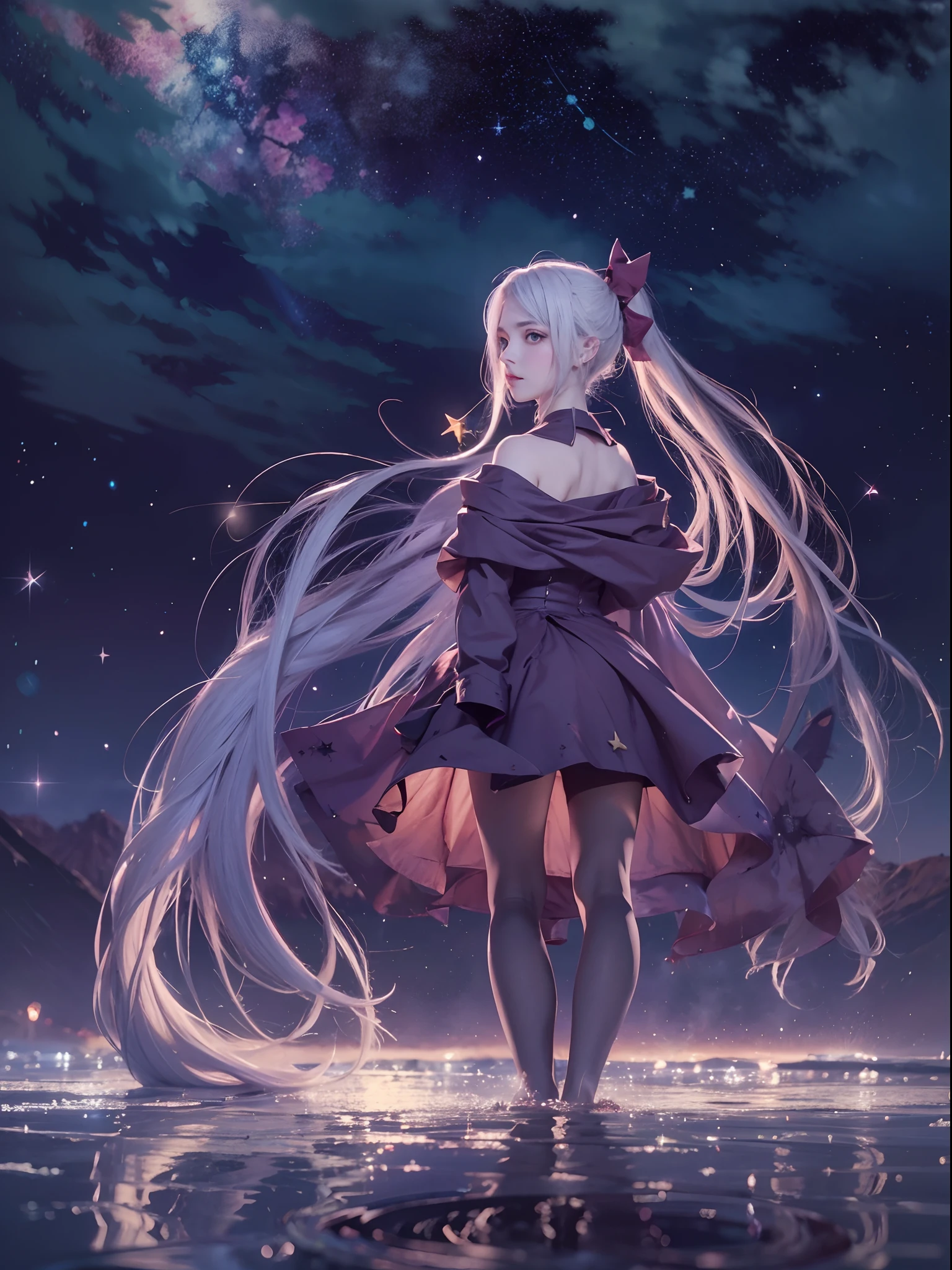 shalltear bloodfallen, shalltearcostume, ponytail, outdoors, (night, starry sky:1.2), masterpiece, arms behind back, best quality, 1girl, full body, closed mouth, lake, reflection, outdoors, official wallpaper