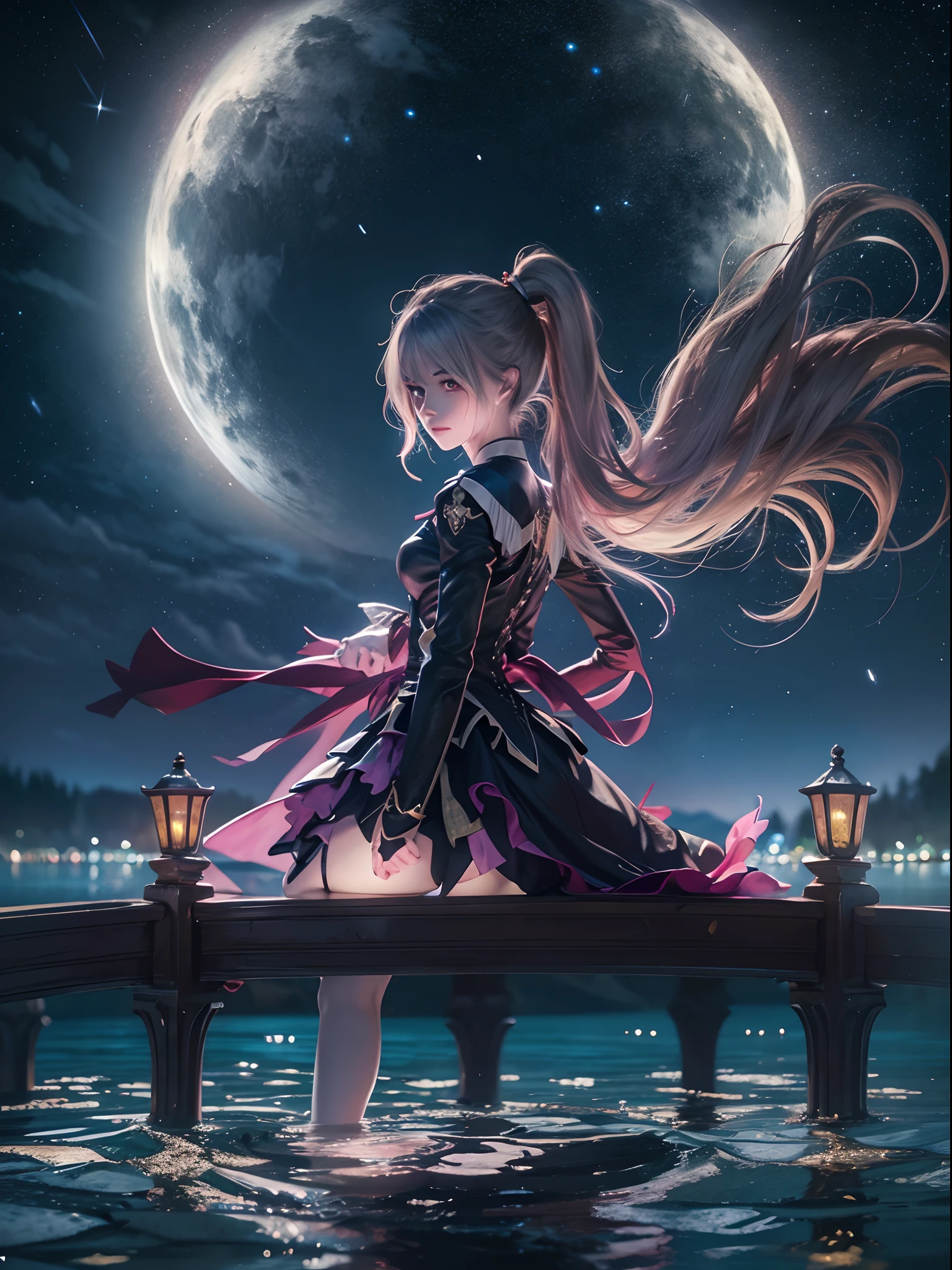 shalltear bloodfallen, shalltearcostume, ponytail, outdoors, (night, starry sky:1.2), masterpiece, arms behind back, best quality, 1girl, full body, closed mouth, lake, reflection, outdoors, official wallpaper