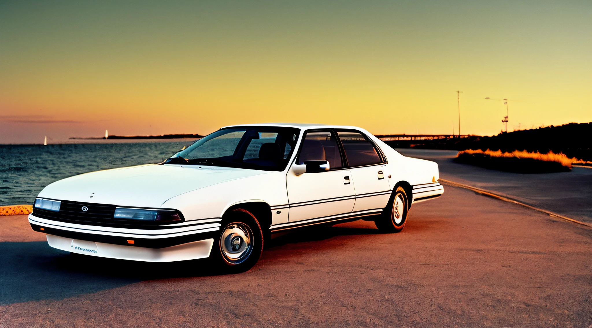 An aesthetic photo from the 90s showing a white classic car near the seawall at night