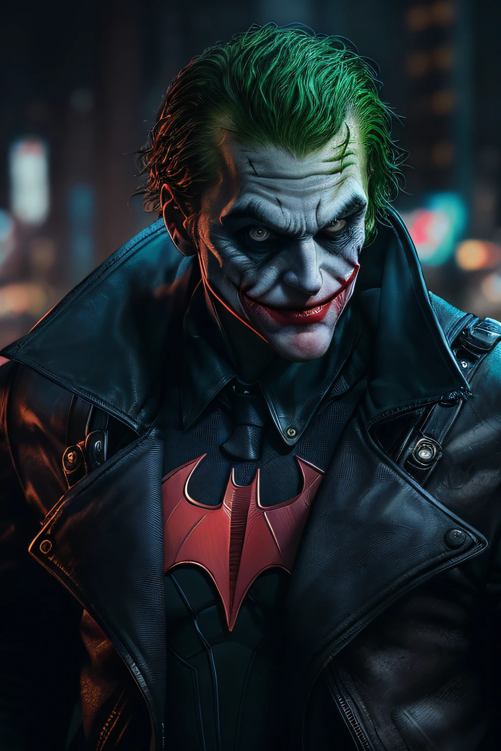 Batman and The Joker combined as one character, (top-quality、8K、32K、masterpiece、)、(The ultra -The high-definition)、(Photorealsitic:1.4)、Raw photography,Perfect eyes,Charming perfect figure,actionpose:1.2,Detailed cyberpunk fashion、World of Cyberpunk,depth of fields,blurry backround,、