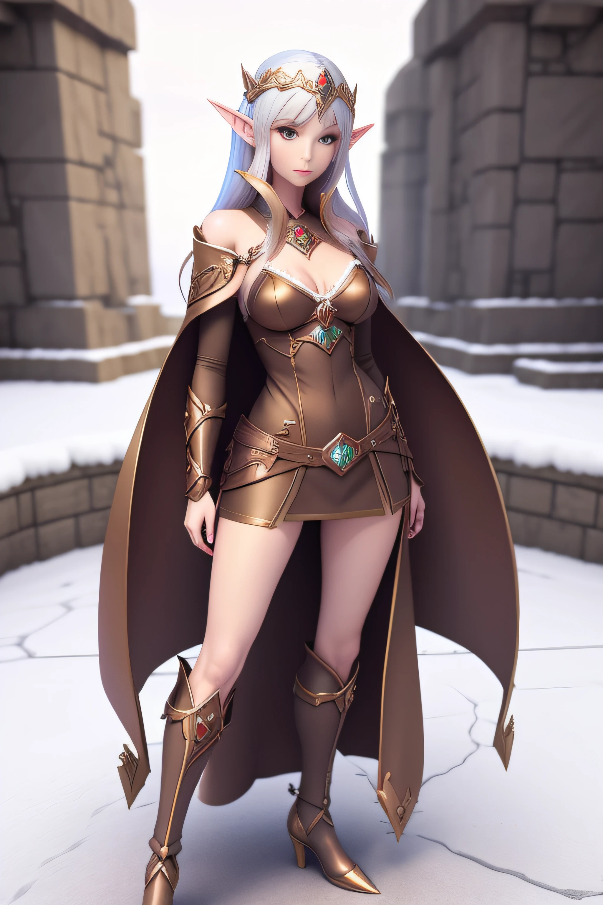 sexy elf woman in a brown outfit posing in the snow, elf girl, deviantart artstation cgscosiety, (((mad))) elf princess, 3 d render character art 8 k, elf princess, female elf, beautiful and elegant female elf, fantasy art style, inspired by WLOP, alluring elf princess knight, elf queen, very beautiful elven top model