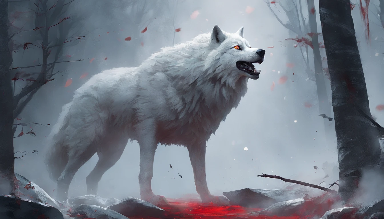 Best quality, masterpiece, ultra-high resolution, Super Enormous and Ferocious Monster Wolf (White Wolf), Hidden in thick fog, 2D Anime style, terrifying atmosphere, bloody red eyes, forest in the background, blood-covered ground, 8k, a cinematic scene, from a top-down perspective (Light and Shadow Effect), (Depth of Field Effect).