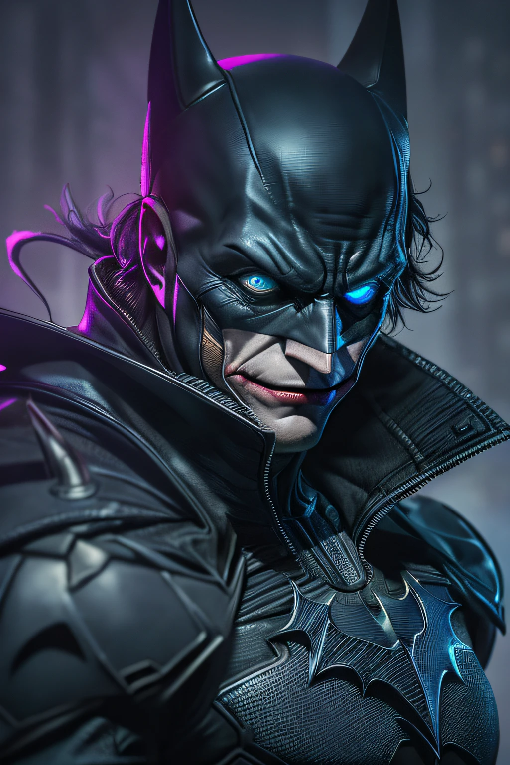 Batman and The Joker combined as one character, (top-quality、8K、32K、masterpiece、)、(The ultra -The high-definition)、(Photorealsitic:1.4)、Raw photography,Perfect eyes,Charming perfect figure,actionpose:1.2,Detailed cyberpunk fashion、World of Cyberpunk,depth of fields,blurry backround,、