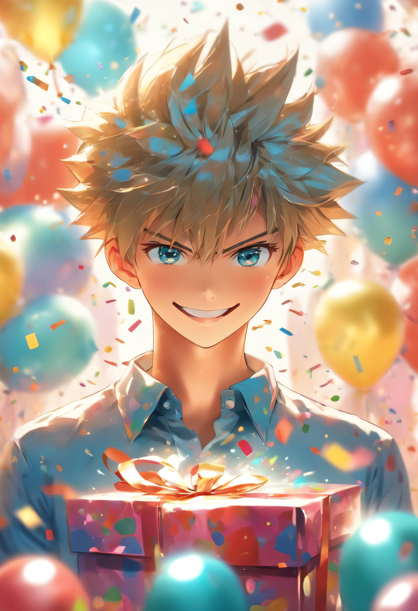 (birthday party,indoors:)handsome boy with light blue shirt, detailed eyes and lips, stylish haircut, smiling brightly, holding a gift box, surrounded by colorful balloons and confetti, vibrant party decorations, festive atmosphere, soft studio lighting, high resolution, vivid colors.