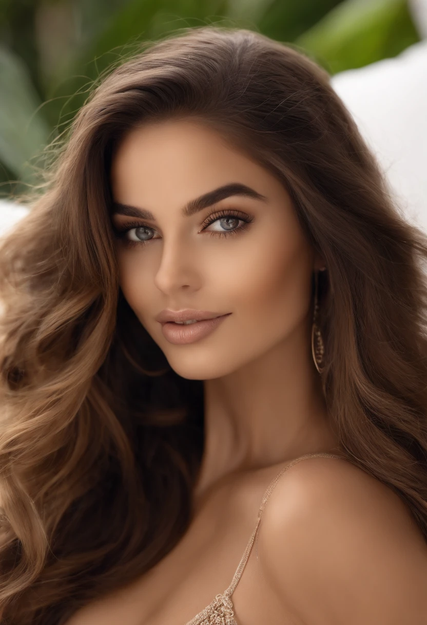 Arafed mulher completamente , com olhos castanhos, Ultra realista, meticulosamente detalhado, Retrato Sophie Mudd, cabelos castanhos e olhos grandes, selfie de uma jovem mulher, Olhos de Dubai, Violeta Myers, sem maquiagem, Maquiagem natural, staring directly at camera, Rosto com Artgram, Maquiagem sutil, Grande foto de todo o corpo ajoelhado na cama, no quarto, Medium to large bust