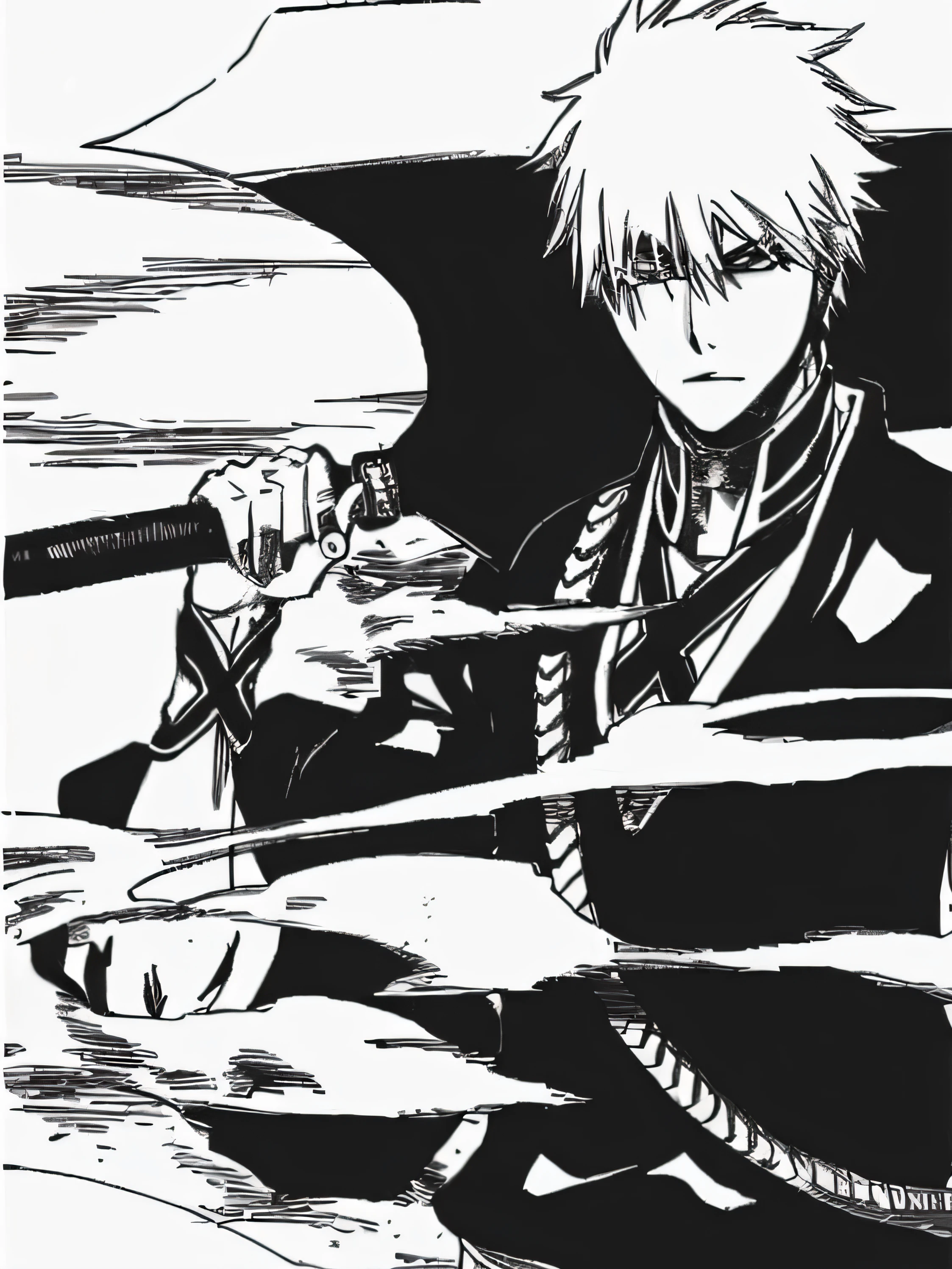 um desenho de um homem segurando uma faca e uma tigela, Ichigo Kurosaki, bleach manga style, Ichigo, Shinigami, Hijikata Toushirou de Gintama, bleach, raposa nobushi segurando uma naginata, Gintama, dramatic wielding katana pose, black and white manga style, empunhando uma katana