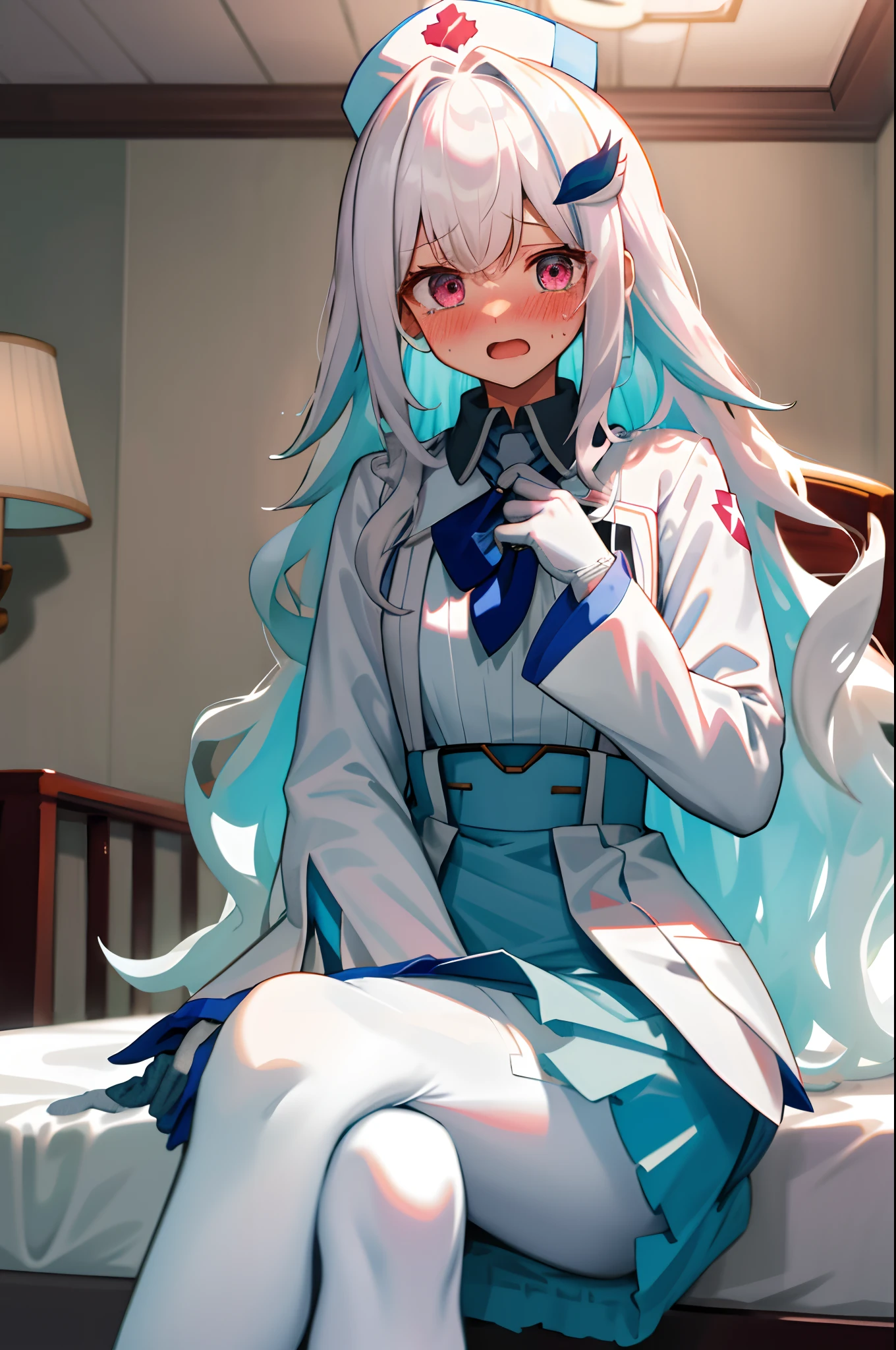 One girl with long wavy hair, white hair, looking at viewer, embarrassed, blushing, tears, open mouth, indoor , nurse, white shirt, puff long sleeves, mini skirt, thigh, perfect waist, noon atmosphere, hair ornament, sit on, crossed legs, bed , lace gloves, white pantyhose, nurse hat, (embarrassed:1.0)