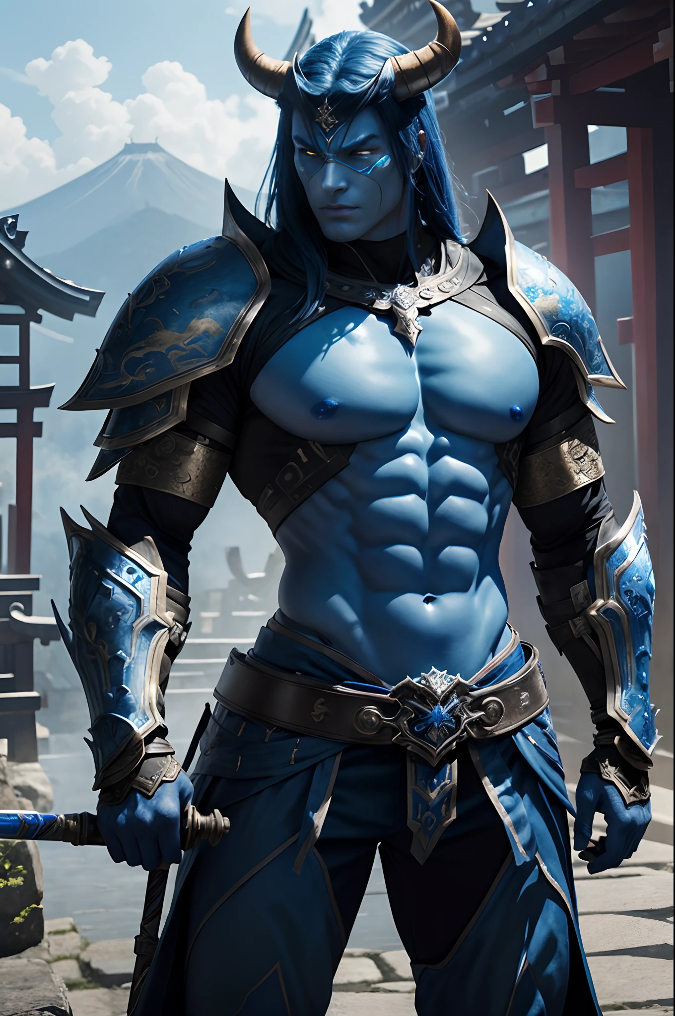 (demon samurai)、(Demon Mask)、独奏、Like the whole body、(Armed with a long and large Japan sword)、facing front,magnificent artwork、((Kyoto panel painting style))、Wind-effect:1.9、Cloud Effects:1.2、Blue and black armor、Full Rendering、Encaustic Painting、unrealengine、
