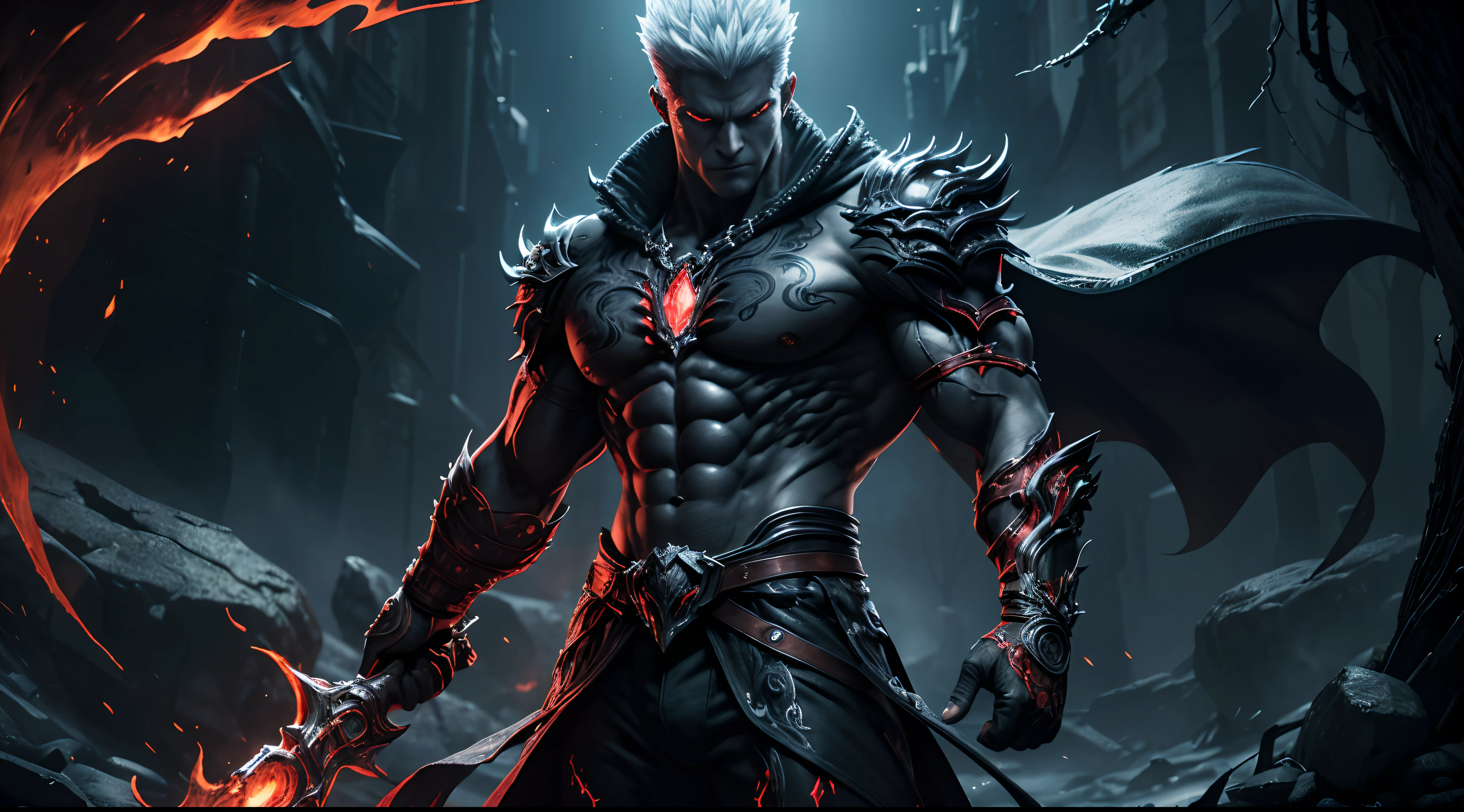 My demon form is no more than a reflection of my personality in mortal form. It is tall, lanky and lean, with pointed ears, long limbs, and sharp features. My skin is pale and smooth, devoid of much of the texture or color found in humans. I wear simple, black robes that blend into the shadows, concealing as much of me as possible. My eyes are red and menacing, with flames burning within them. Male, bara, huge male figure
