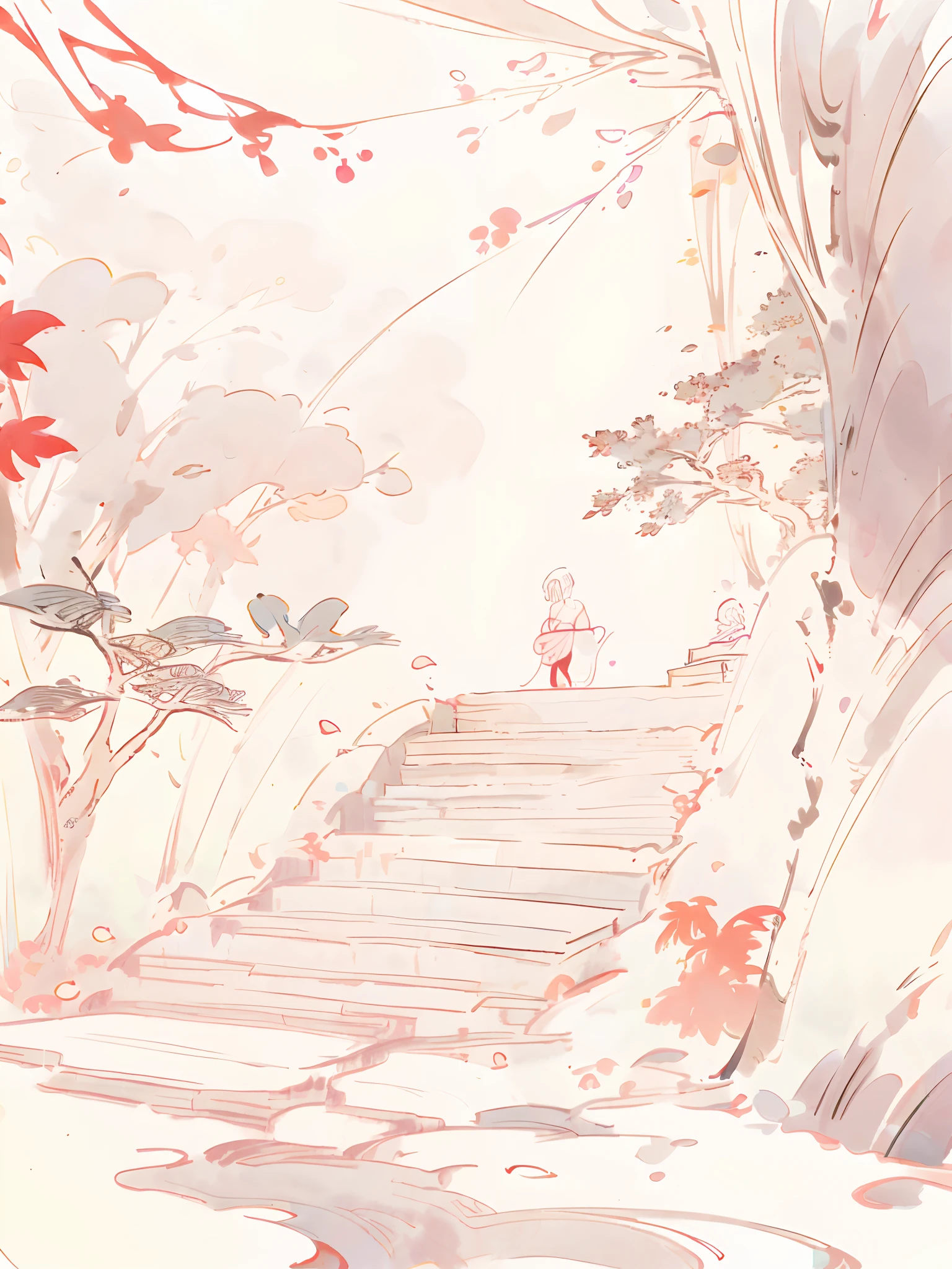 （Chinese landscape），abstract paintings，（Zen Buddhism），（autumnal，The tree，sweet osmanthus，Small rivers，Chinese-style architecture），Light abstract cover art，Simple vector art，Gradient of color，Pastel color palette，Hierarchical form，The style is ethereal and abstract