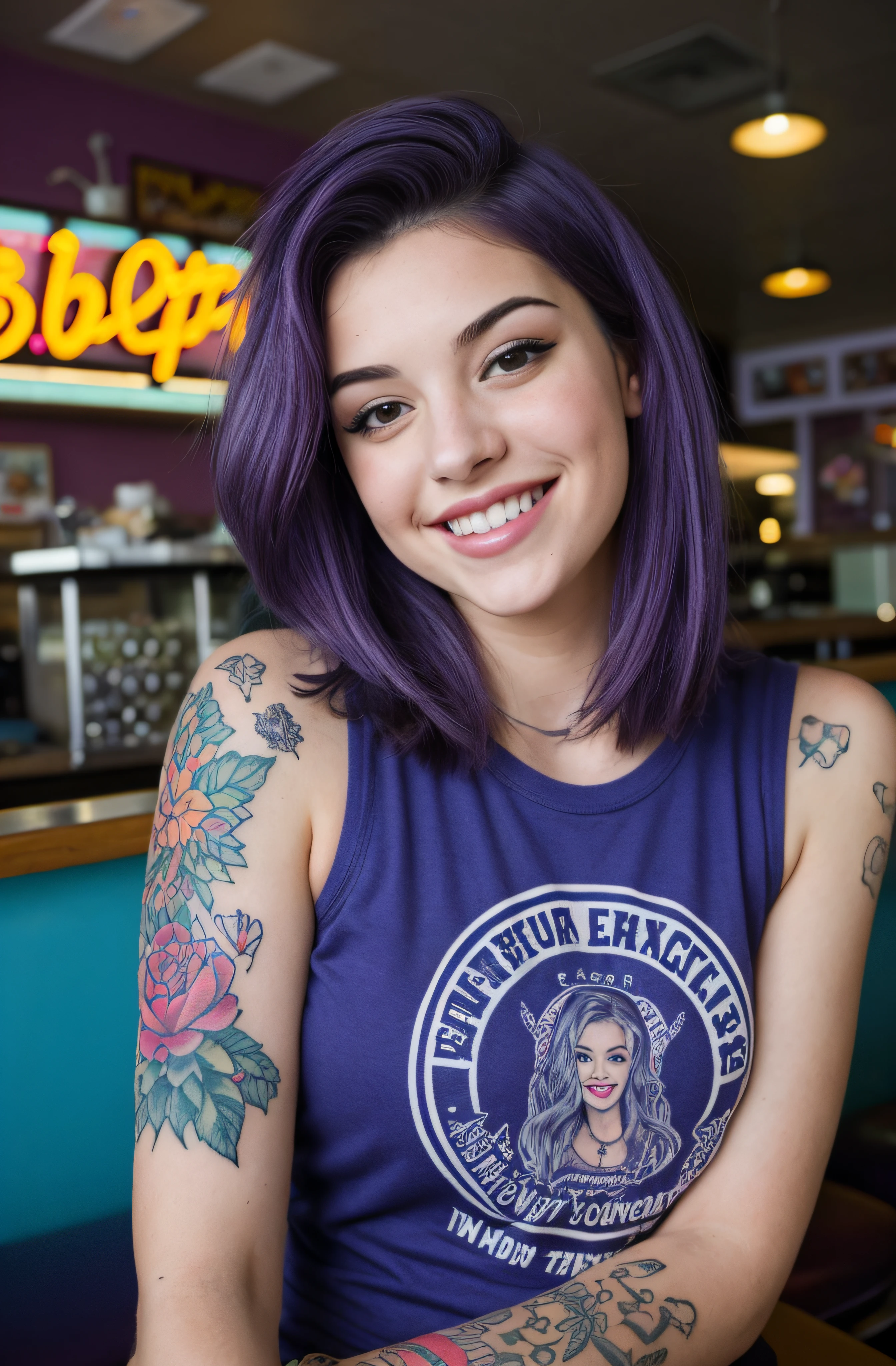 street photography photo of a young woman with purple hair, smile, happy, cute t-shirt, tattoos on her arms, sitting in a 50s diner