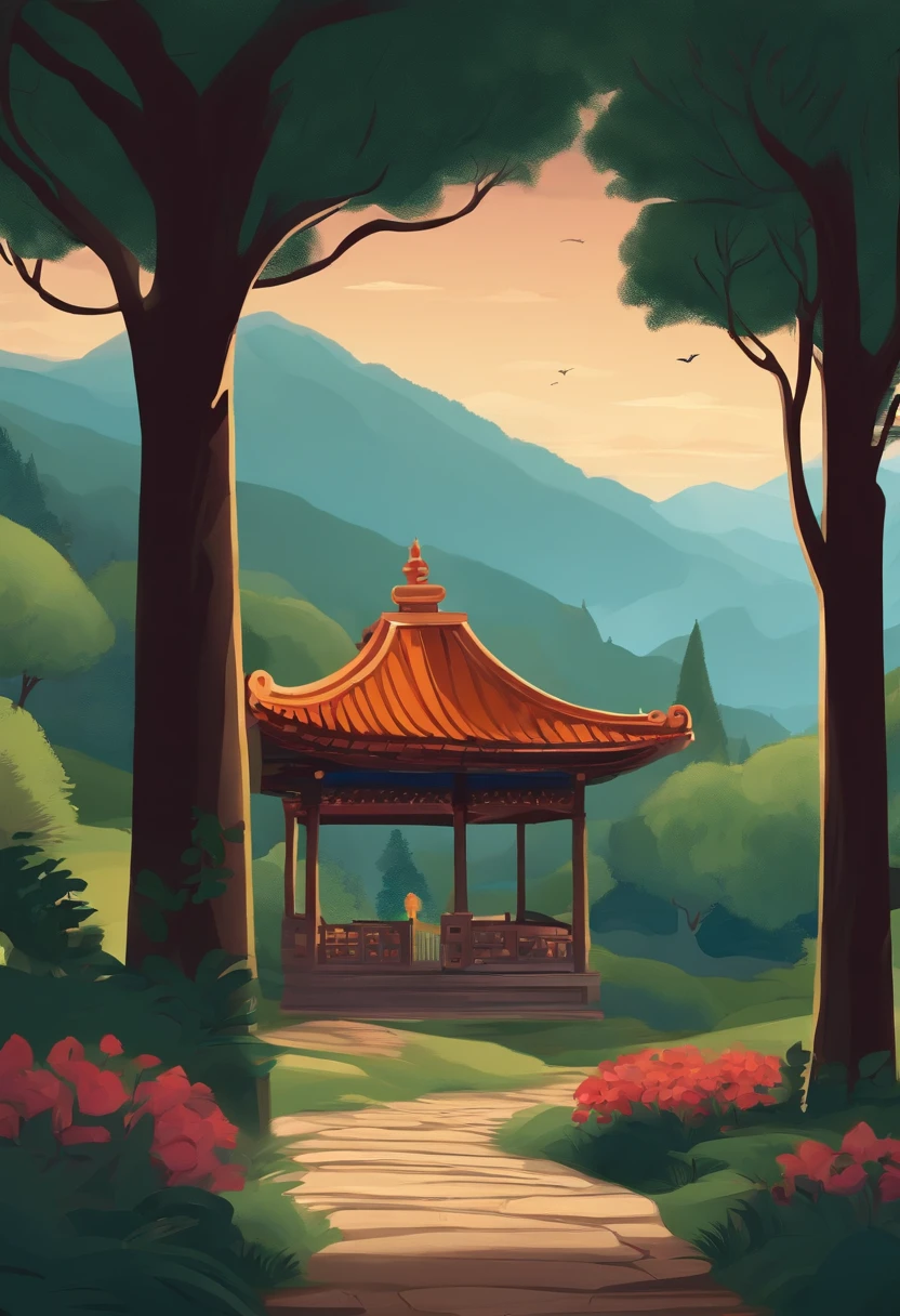 There are several hills in the background,There are several large trees next to the small pavilion,Cute illustration style,