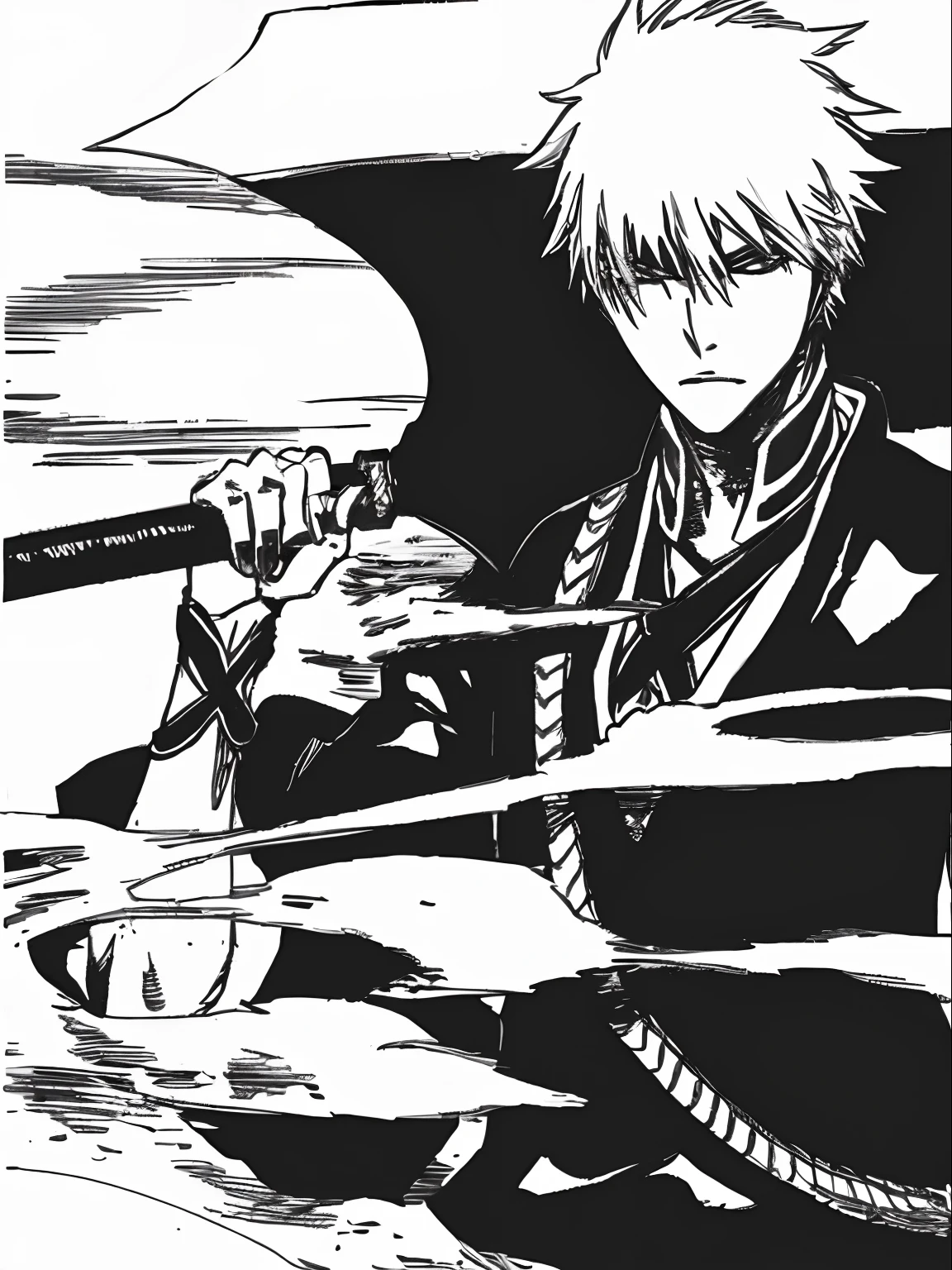 um desenho de um homem segurando uma faca e uma tigela, Ichigo Kurosaki, bleach manga style, Ichigo, Shinigami, Hijikata Toushirou de Gintama, bleach, raposa nobushi segurando uma naginata, Gintama, dramatic wielding katana pose, black and white manga style, empunhando uma katana
