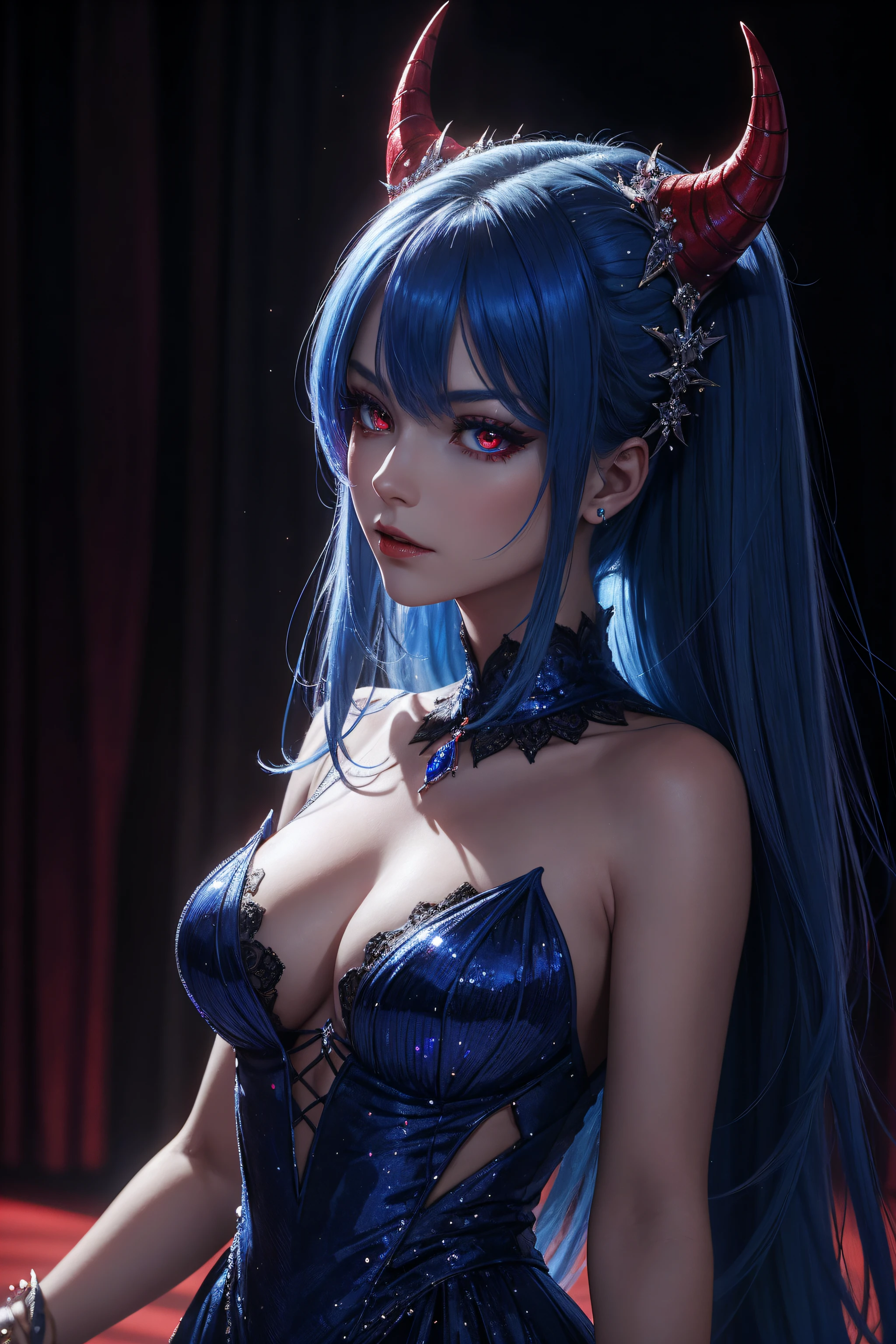masterpiece, highest quality, high detail, in popular culture they say that the devil is a male..but what if the devil was a female, Sapphire blue hair, ruby red eyes, dark aura, glimmer, bokeh, solo, runway detailed background, realistic, studio lighting