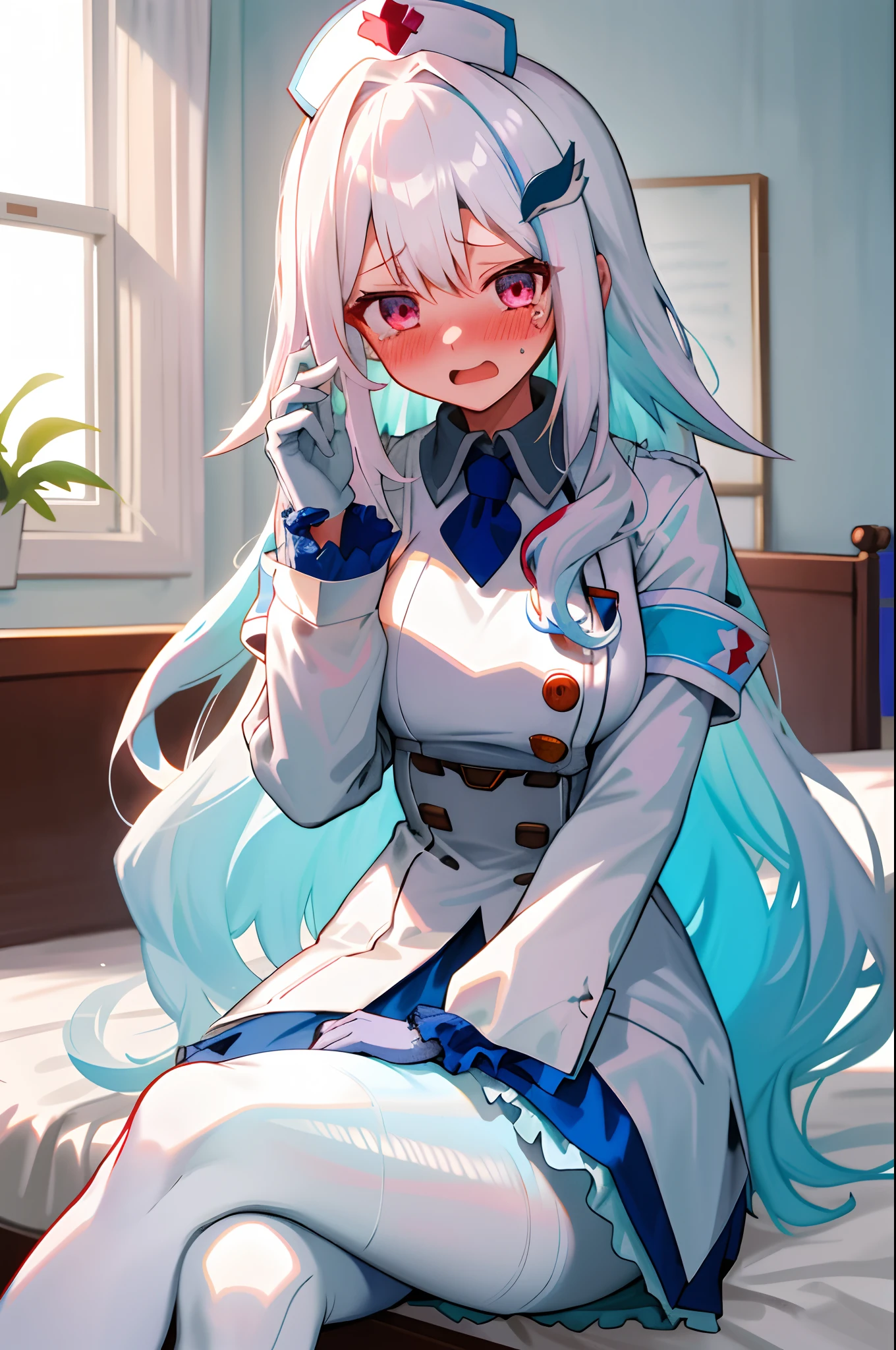 One girl with long wavy hair, white hair, looking at viewer, embarrassed, blushing, tears, open mouth, indoor , nurse, white shirt, puff long sleeves, mini skirt, thigh, perfect waist, noon atmosphere, hair ornament, sit on, crossed legs, bed , lace gloves, white pantyhose, nurse hat, (embarrassed:1.0)