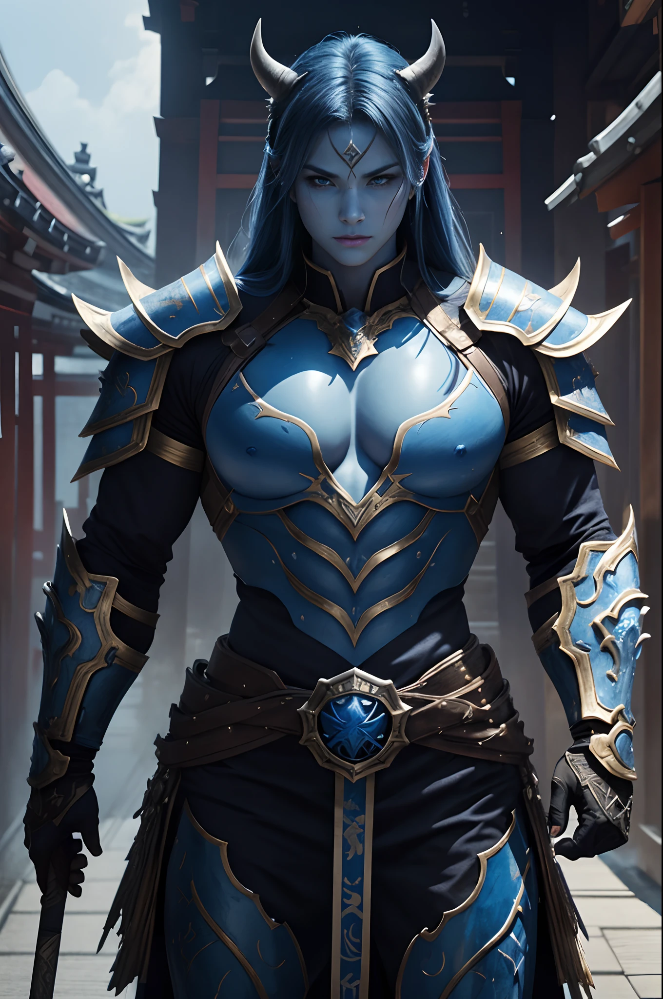 (Female Ghost Tender)、Demon Mask、Super Beauty、Blue Armor Solo Adult Devil Woman、Like the whole body、Big chest muscles and macho figure,Split abs,(Armed with a long and large spear)、Sexy mature big female ogre。Sturdy jaw(realisitic)、Stand facing the front、Blue Demon Armor、magnificent artwork、((Kyoto panel painting style))、Wind-effect:1.9、Cloud Effects:1.2、Full Rendering、Encaustic Painting、unrealengine、Fine armor patterns and decorations,A hyper-realistic,Armor details,超A high resolution,enticing,Entice your audience,blue skin,