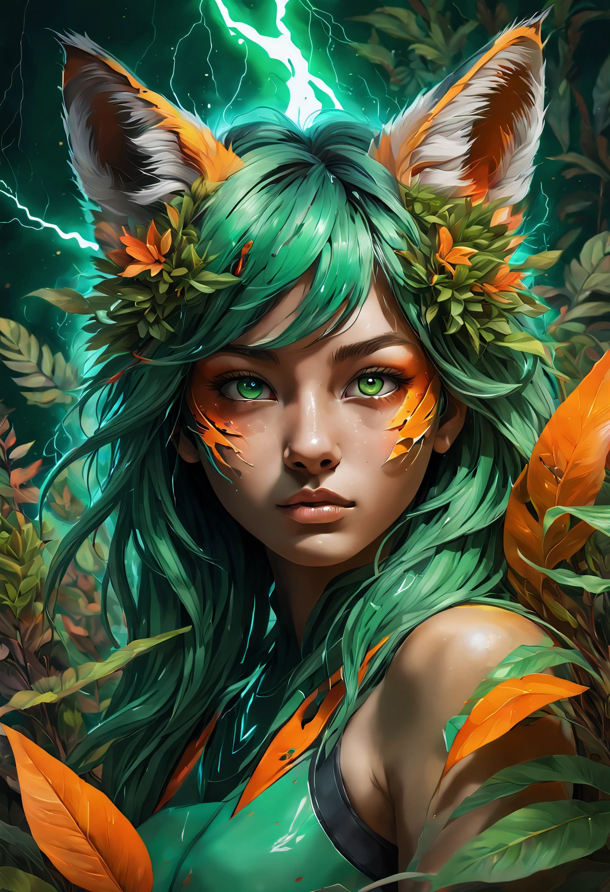 (masterpiece:1.1), (highest quality:1.1), (HDR:1.0), extreme quality, cg, (negative space), detailed face and eyes, 1girl, fox ears, animal ear fluff, (plants:1.18), (fractal art), (bright colors), splashes of color background, colors mashing, paint splatter, complimentary colors, neon, (thunder tiger), compassionate, electric, limited palette, synthwave, fine art, tan skin, upper body, (green and orange:1.2), time stop, sy3, SMM