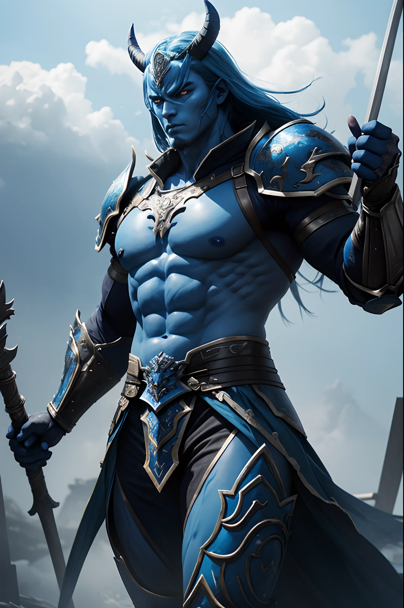 (demon samurai)、(Demon Mask)、独奏、Like the whole body、(Armed with a long and large Japan sword)、facing front,magnificent artwork、((Kyoto panel painting style))、Wind-effect:1.9、Cloud Effects:1.2、Blue and black armor、Full Rendering、Encaustic Painting、unrealengine、