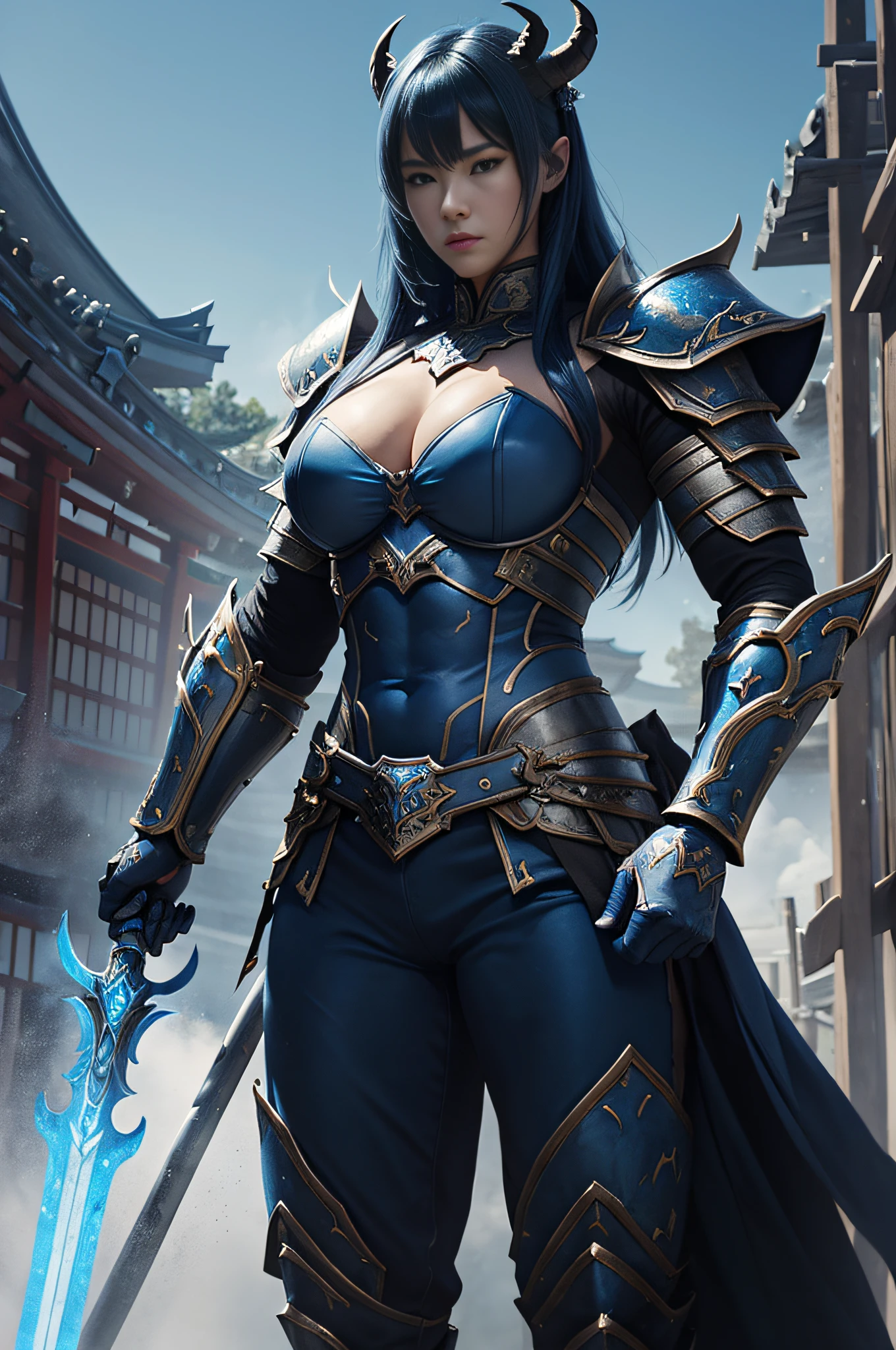 (Female Ghost Tender)、Demon Mask、Super Beauty、Blue Armor Solo Adult Devil Woman、Like the whole body、Big chest muscles and macho figure,Split abs,(Armed with a long and large spear)、Sexy mature big female ogre。Sturdy jaw(realisitic)、Stand facing the front、Blue Demon Armor、magnificent artwork、((Kyoto panel painting style))、Wind-effect:1.9、Cloud Effects:1.2、Full Rendering、Encaustic Painting、unrealengine、Fine armor patterns and decorations,A hyper-realistic,Armor details,超A high resolution,enticing,Entice your audience,blue skin,