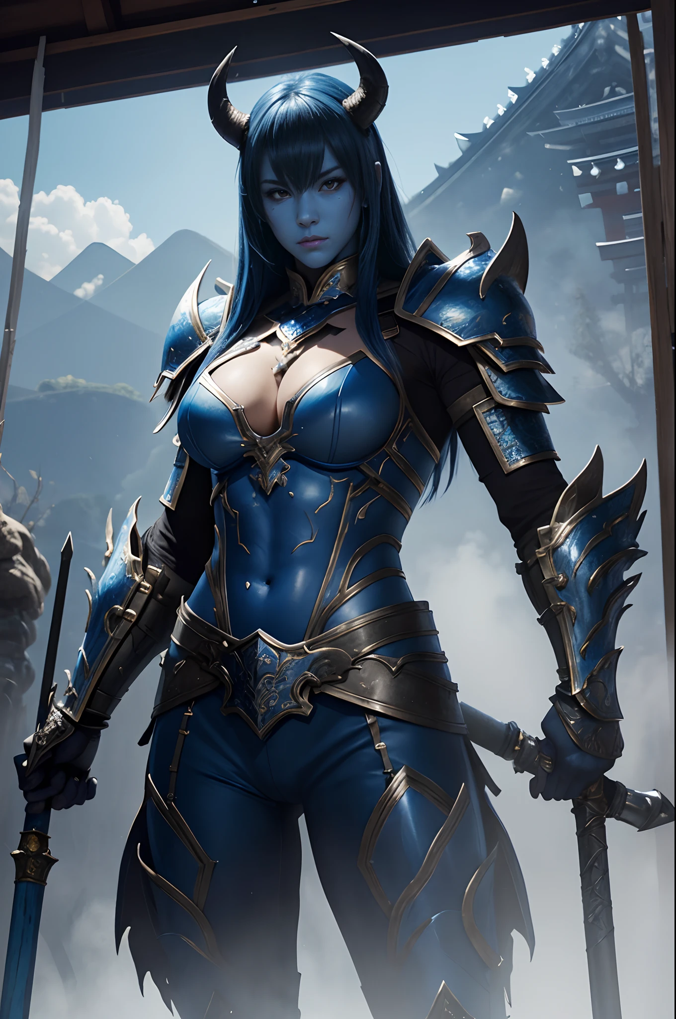 (Female Ghost Tender)、Demon Mask、Super Beauty、Blue Armor Solo Adult Devil Woman、Like the whole body、Big chest muscles and macho figure,Split abs,(Armed with a long and large spear)、Sexy mature big female ogre。Sturdy jaw(realisitic)、Stand facing the front、Blue Demon Armor、magnificent artwork、((Kyoto panel painting style))、Wind-effect:1.9、Cloud Effects:1.2、Full Rendering、Encaustic Painting、unrealengine、Fine armor patterns and decorations,A hyper-realistic,Armor details,超A high resolution,enticing,Entice your audience,blue skin,