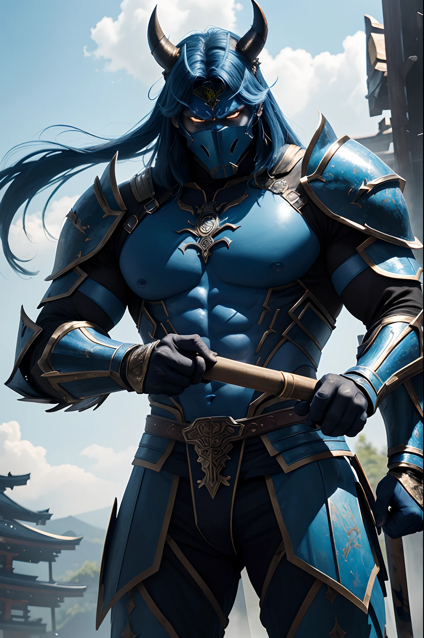 (Female Ghost Tender)、Demon Mask、Super Beauty、Blue Armor Solo Adult Devil Woman、Like the whole body、Big chest muscles and macho figure,Split abs,(Armed with a long and large spear)、Sexy mature big female ogre。Sturdy jaw(realisitic)、Stand facing the front、Blue Demon Armor、magnificent artwork、((Kyoto panel painting style))、Wind-effect:1.9、Cloud Effects:1.2、Full Rendering、Encaustic Painting、unrealengine、Fine armor patterns and decorations,A hyper-realistic,Armor details,超A high resolution,enticing,Entice your audience,ultra-sexy,fascination pose