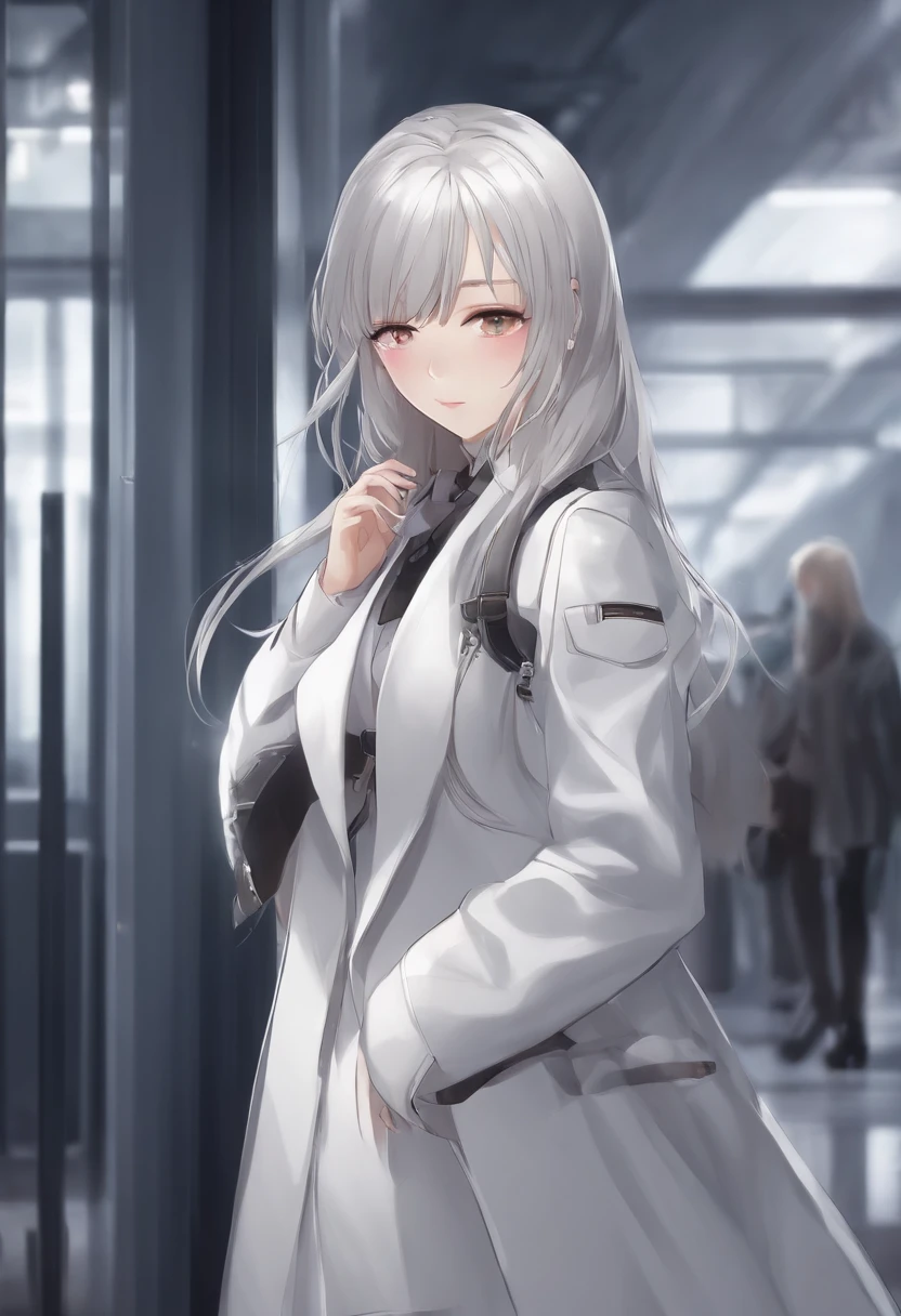 Anime girl with long hair and white coat standing in the hallway, girls frontline style, from girls frontline, from arknights, portrait anime space cadet girl, Cute anime girl, Anime visuals of cute girls, silver hair girl, an anime girl, Anime Mecha Aesthetics, anime aesthetic, Beautiful Anime Portrait, Portrait Anime Girl, pretty anime girl, Beautiful anime girl