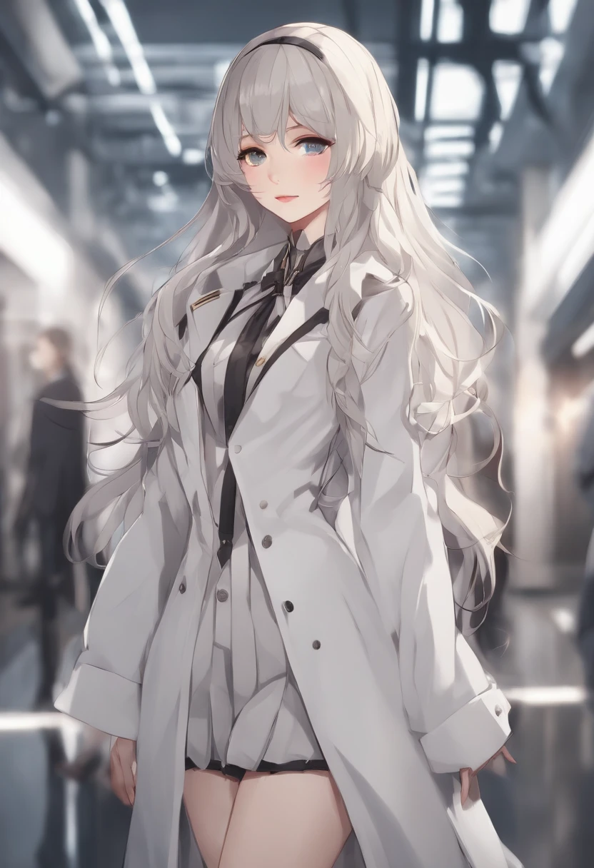 Anime girl with long hair and white coat standing in the hallway, girls frontline style, from girls frontline, from arknights, portrait anime space cadet girl, Cute anime girl, Anime visuals of cute girls, silver hair girl, an anime girl, Anime Mecha Aesthetics, anime aesthetic, Beautiful Anime Portrait, Portrait Anime Girl, pretty anime girl, Beautiful anime girl