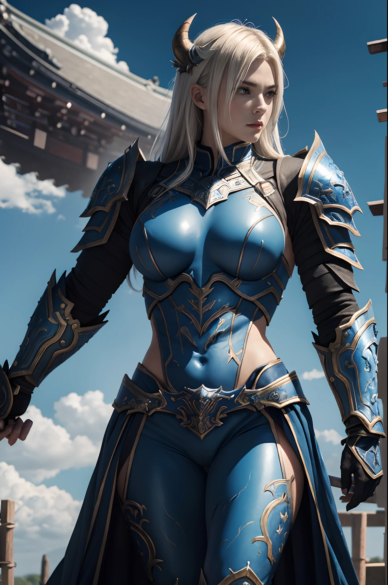 (Female Ghost Tender)、Demon Mask、Super Beauty、Blue Armor Solo Adult Devil Woman、Like the whole body、Big chest muscles and macho figure,Split abs,(Armed with a long and large spear)、Sexy mature big female ogre。Sturdy jaw(realisitic)、Stand facing the front、Blue Demon Armor、magnificent artwork、((Kyoto panel painting style))、Wind-effect:1.9、Cloud Effects:1.2、Full Rendering、Encaustic Painting、unrealengine、Fine armor patterns and decorations,A hyper-realistic,Armor details,超A high resolution,enticing,Entice your audience,ultra-sexy,fascination pose