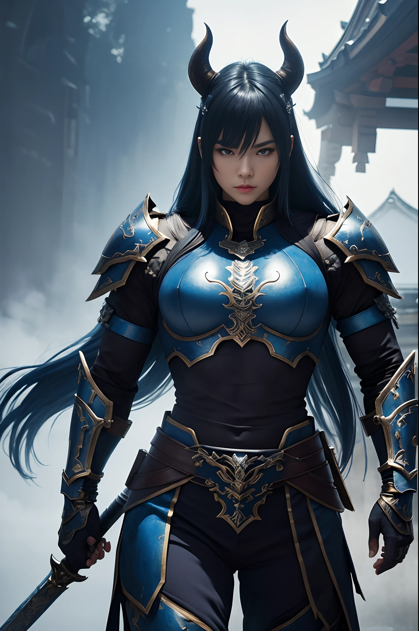 (Female Ghost Tender)、Demon Mask、Super Beauty、Blue Armor Solo Adult Devil Woman、Like the whole body、Big chest muscles and macho figure,Split abs,(Armed with a long and large spear)、Super sexy mature big female ogre。Sturdy jaw(realisitic)、Standing glossily facing the front、Blue Demon Armor、magnificent artwork、((Kyoto panel painting style))、Wind-effect:1.9、Cloud Effects:1.2、Full Rendering、Encaustic Painting、unrealengine、Fine armor patterns and decorations,A hyper-realistic,Armor details,超A high resolution,enticing,Entice your audience,Pose Seductive,