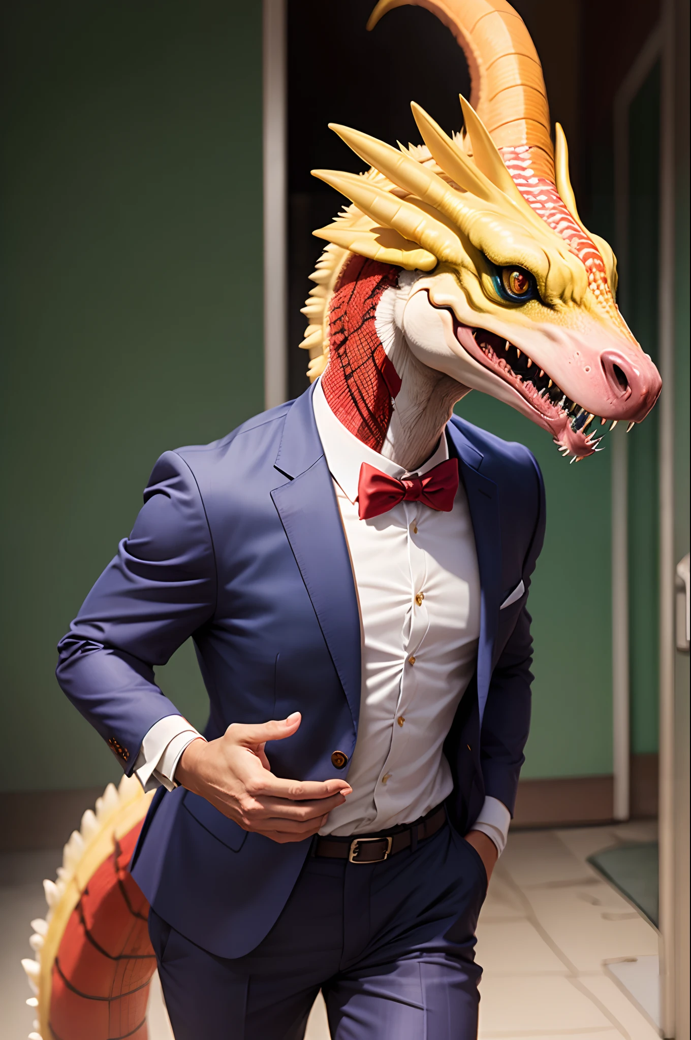 Dilophosaurus wearing a suit