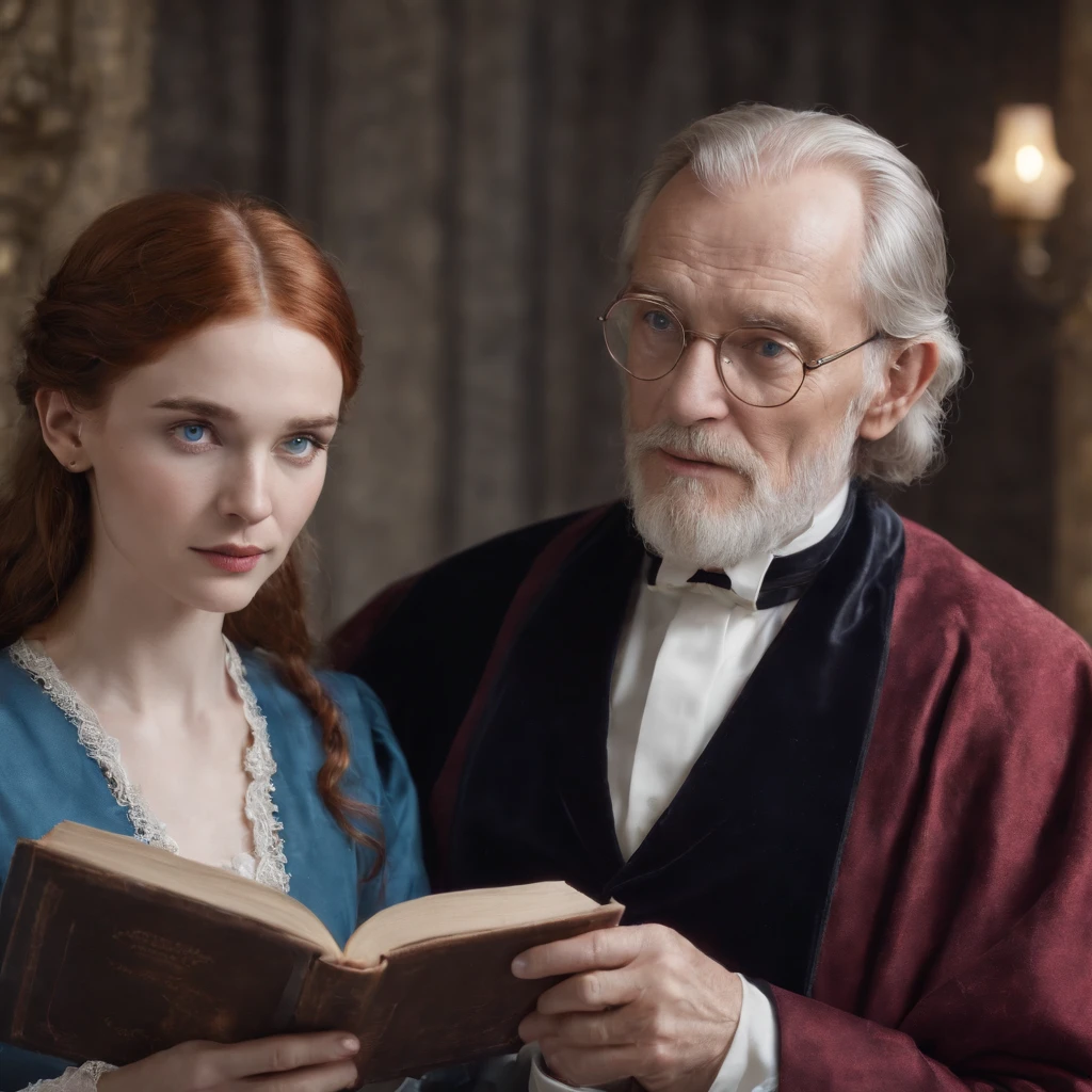 Old man, history professor giving his book of ancestors to his daughter who have blue eyes and red hairs both are wearing formal dress..book seems to be old and mysterious