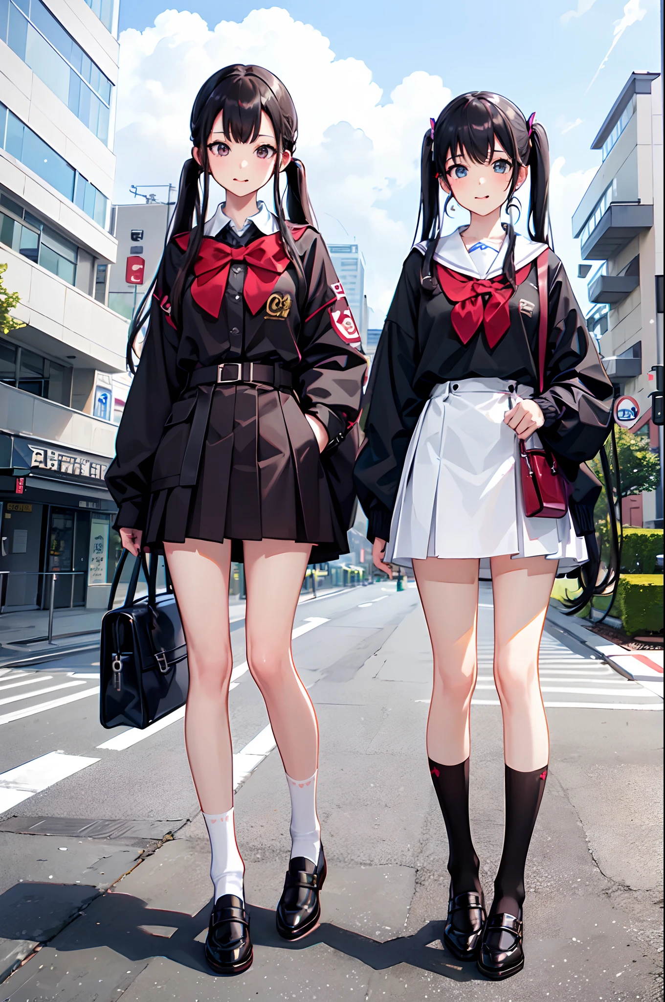 Masterpiece, best quality, 2girls, no expression, tongue out, twintail, long hair, loli, classic uniform, small breast, socks, shoes, outside building, road, playground, looking at viewer, day, bright, shadow, ultra detailed