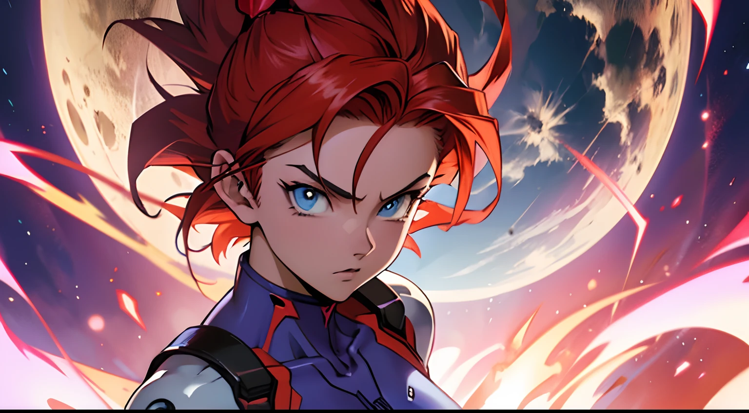 dragon ball style, evangelion style, 1girl charging up, blue eyes, medium red hair, wearing bodysuit, feminine, in center of image