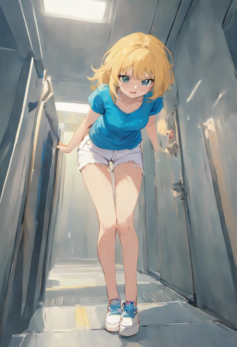Anime girl farting, white jeans, blue t-shirt