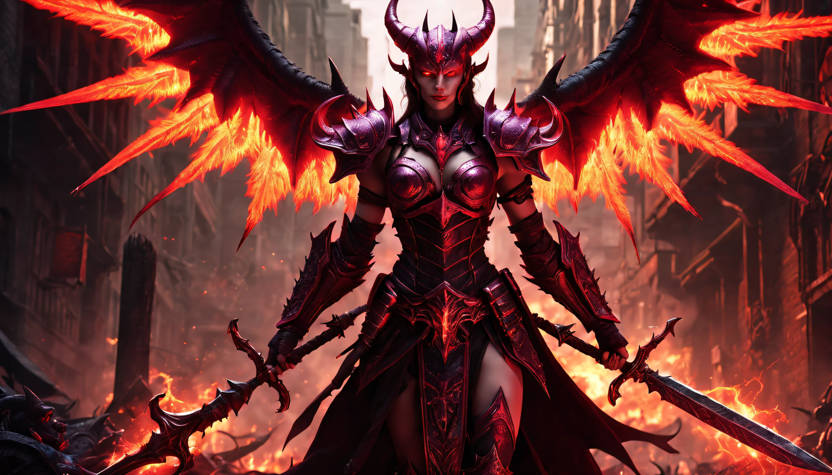 Beautiful Succubus Warrior wearing devil Armour Holding a trident infused with demon blood, glowing light eyes, detailed Demon wings, post-apocalyptic hell underworld, hell as described in bible, Realism, god rays, highres, 16k, best quality, super detail