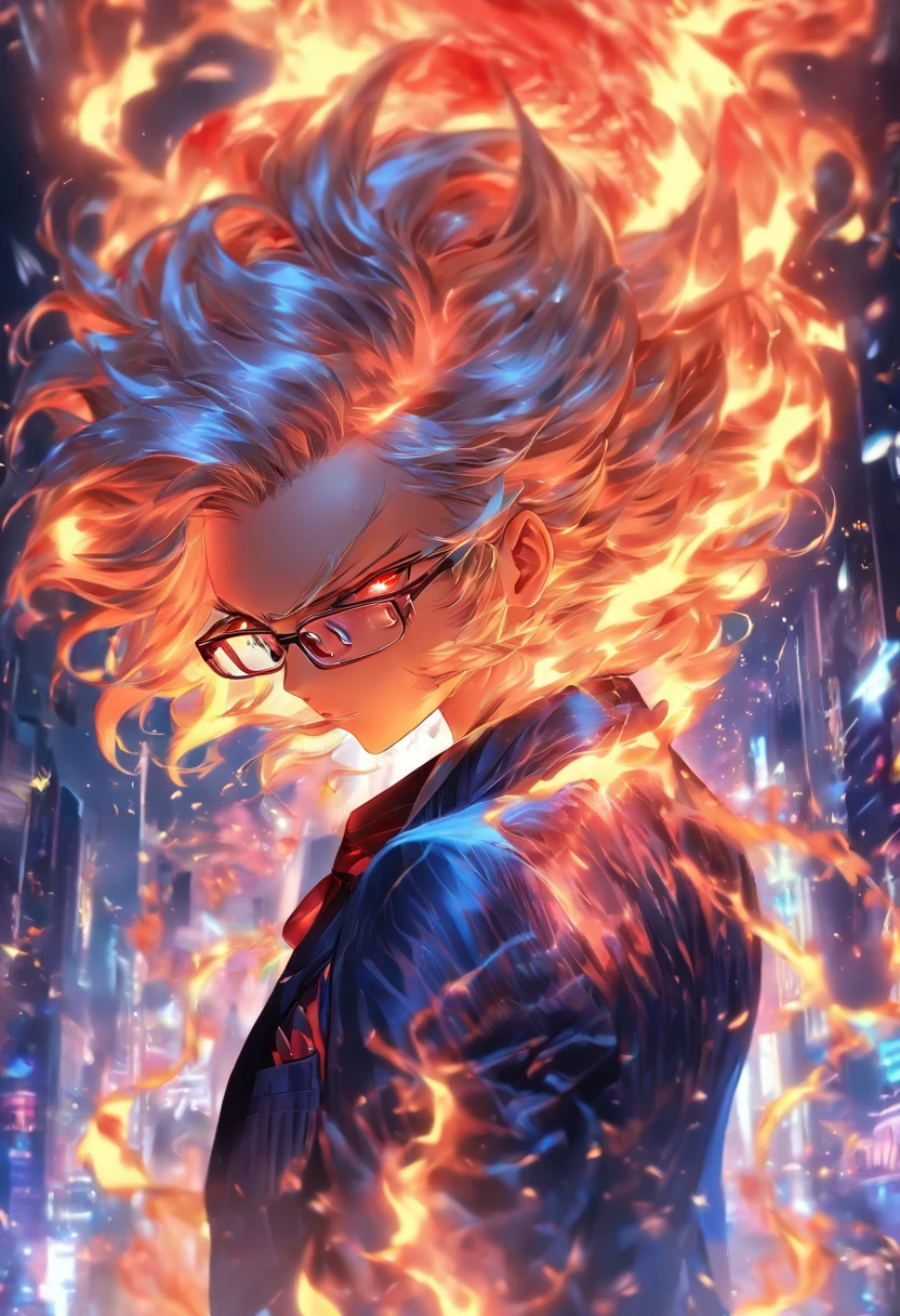 animemanga girl,sliver long hair,gold-wire glasses,Indifferent face,Red demon horn,Demon tail,Business suit,White gloves,Ice roses in hand,4K,Optimal image quality,Surrounded by flames and ice