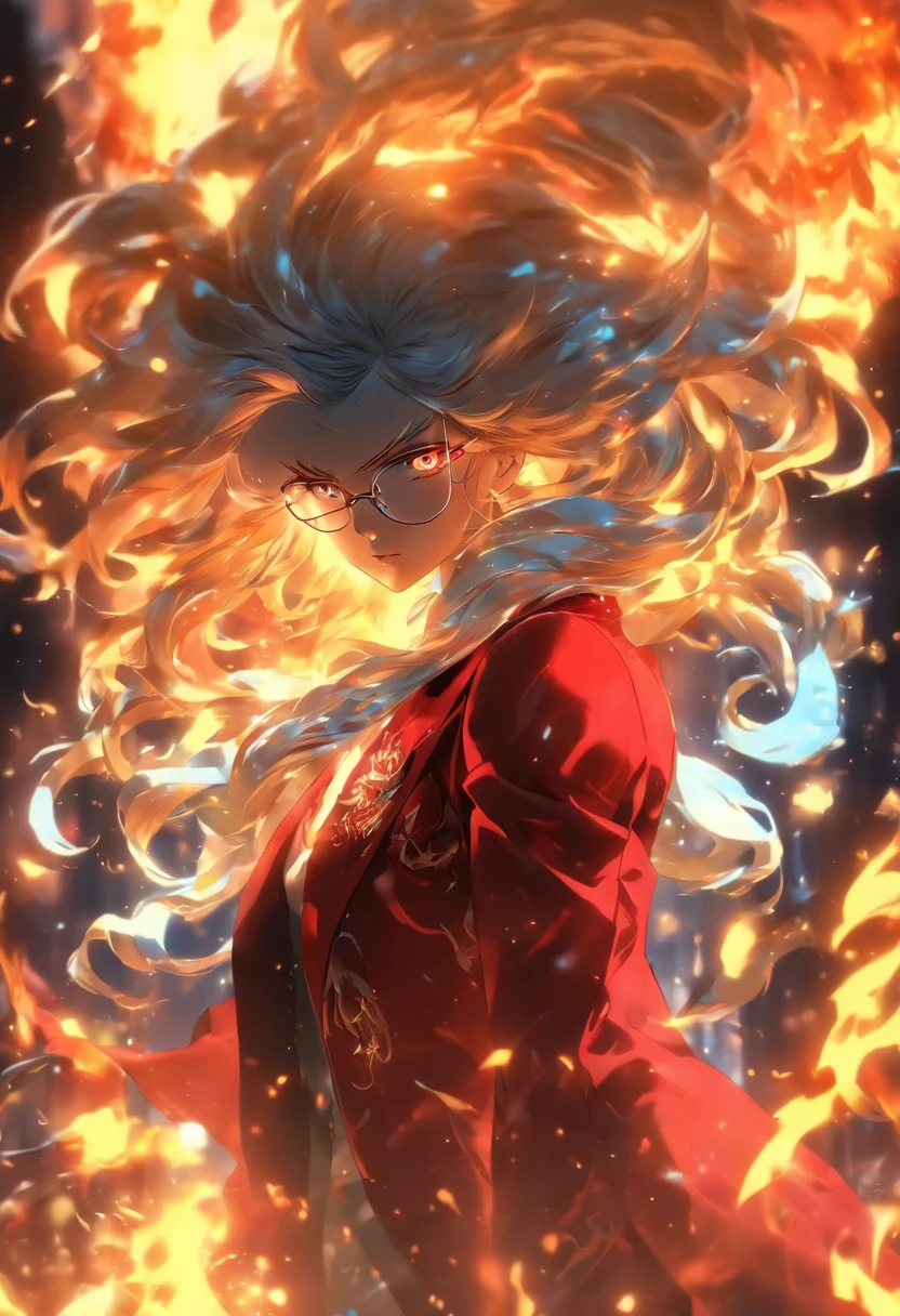 animemanga girl，sliver long hair，gold-wire glasses，Indifferent face，Red demon horn，Demon tail，Business suit，White gloves，Ice roses in hand，4K，Optimal image quality，Surrounded by flames and ice