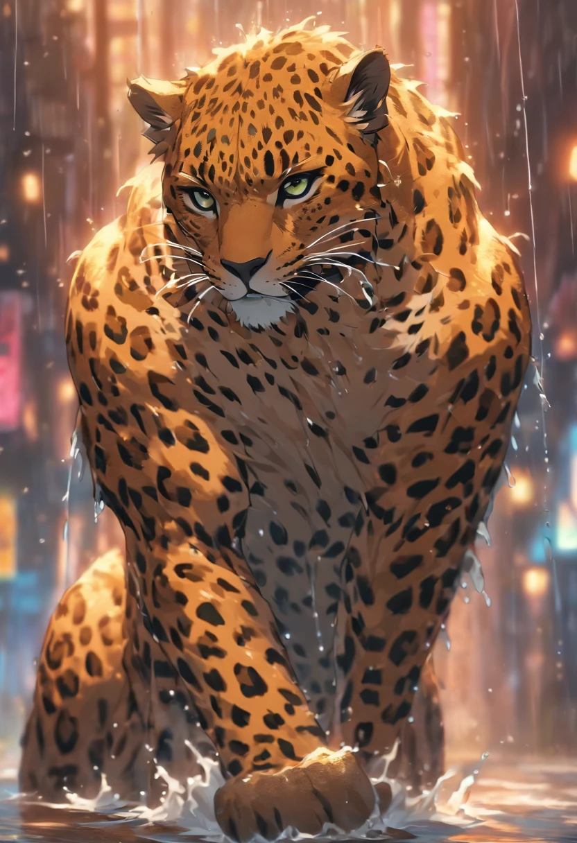 detailed realistic photo of strong male anthropomorphic bipedal leopard warrior soaked wet in rain, visible erect penis, realistic wet fabric, realistic wet fur, full body view, flirty lewd pose