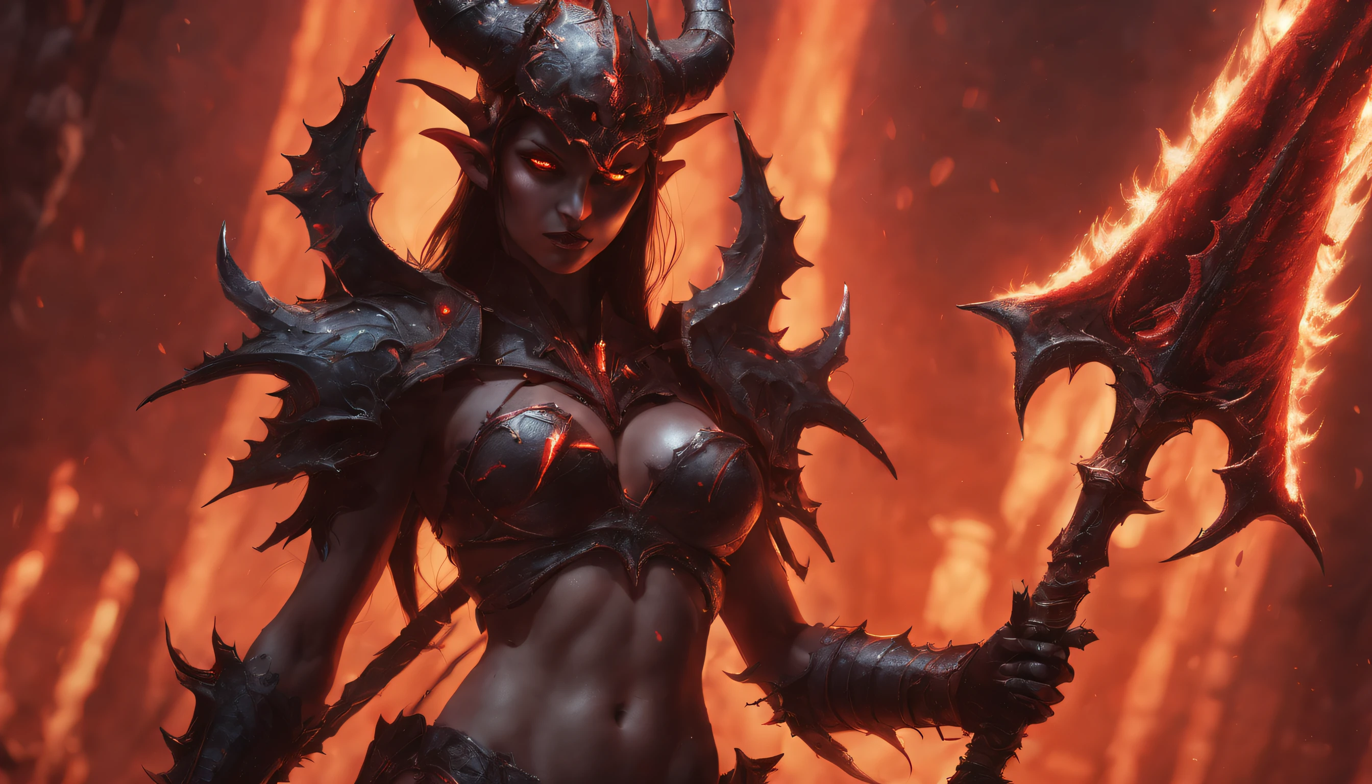 Beautiful Succubus Warrior wearing devil Armour Holding a trident infused with demon blood, glowing light eyes, detailed Demon wings, post-apocalyptic hell underworld, hell as described in bible, Realism, god rays, highres, 16k, best quality, super detail