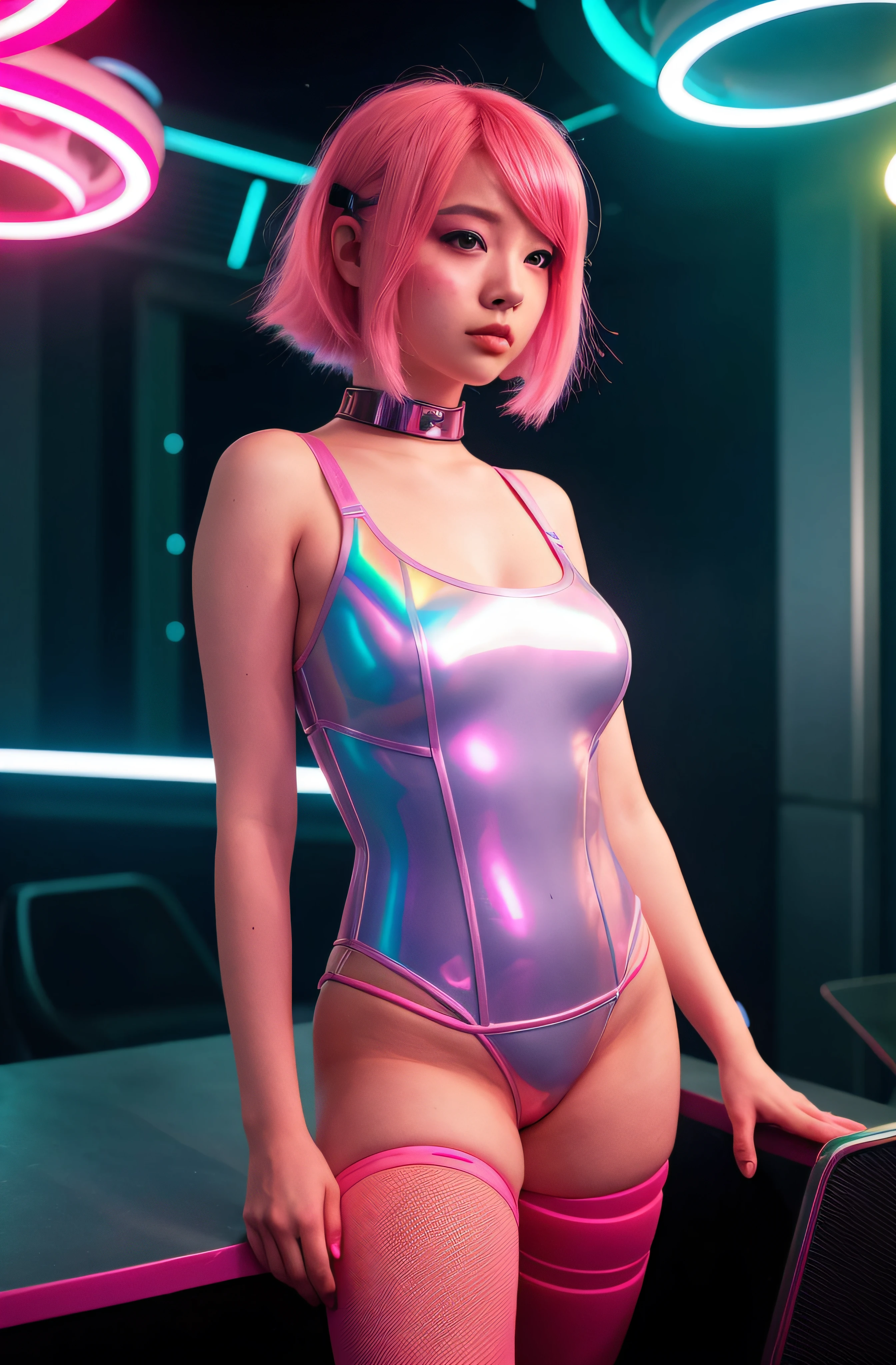 futuristic girl with pink hair, curvy , holographic interfaces, half body framing, in a sci-fi inspired setting, under neon lighting, on a RED digital cinema camera, with a bokeh filter, (in the style of Hayao Miyazaki:1.3)